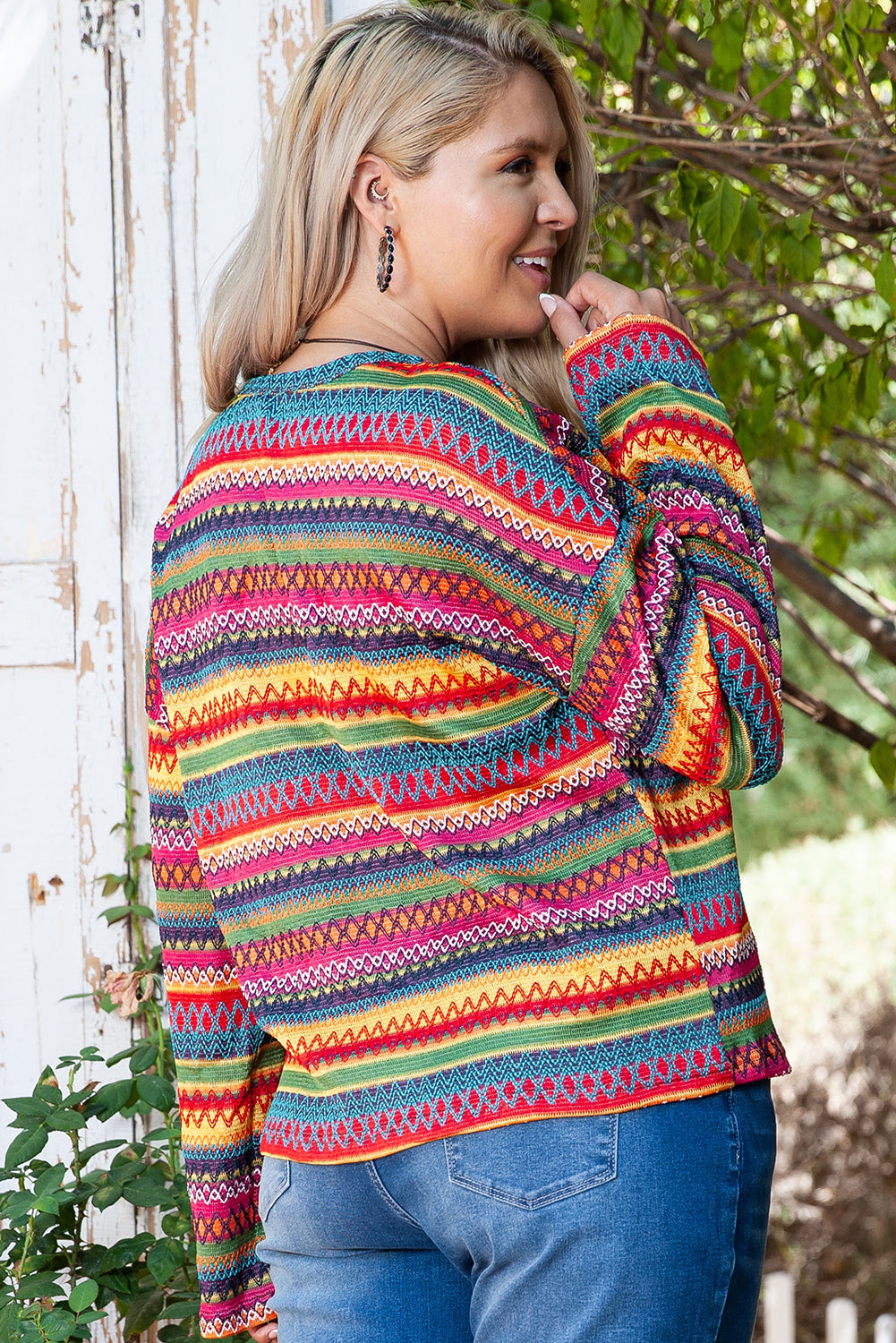 Red Ethnic Striped Print Long Sleeve Plus Size Top BB Fashion Outlet