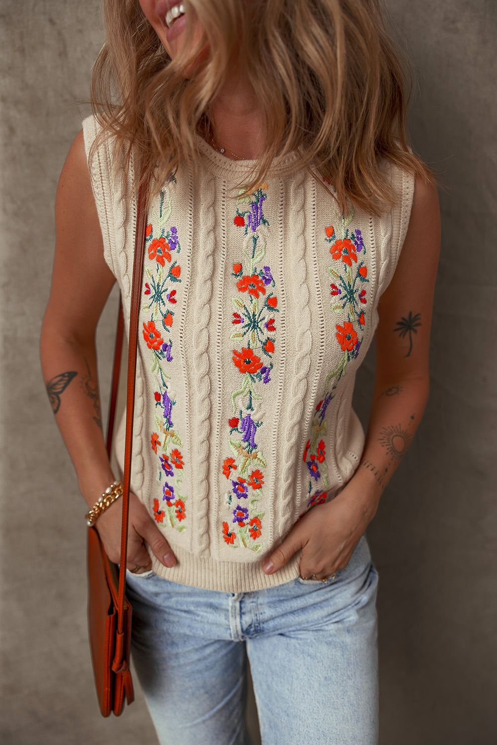 Jet Stream Embroidered Floral Cable Knit Sweater Vest eAura