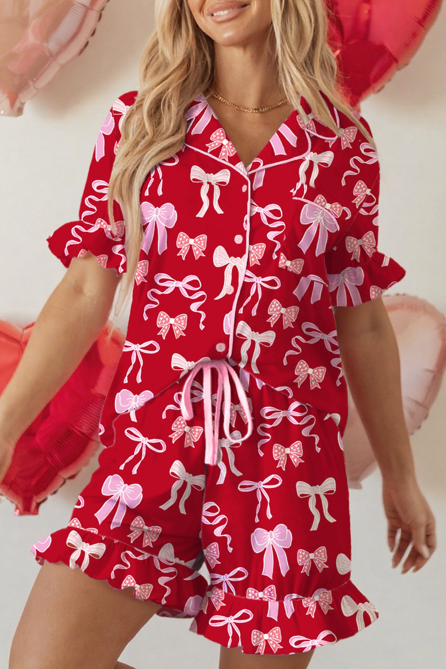 Sweet Bow Print Ruffled Short Sleeve Shirt Shorts Pyjama Set - eAura