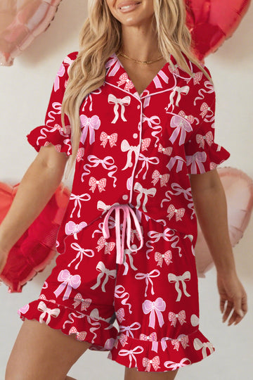 Sweet Bow Print Ruffled Short Sleeve Shirt Shorts Pyjama Set - eAura