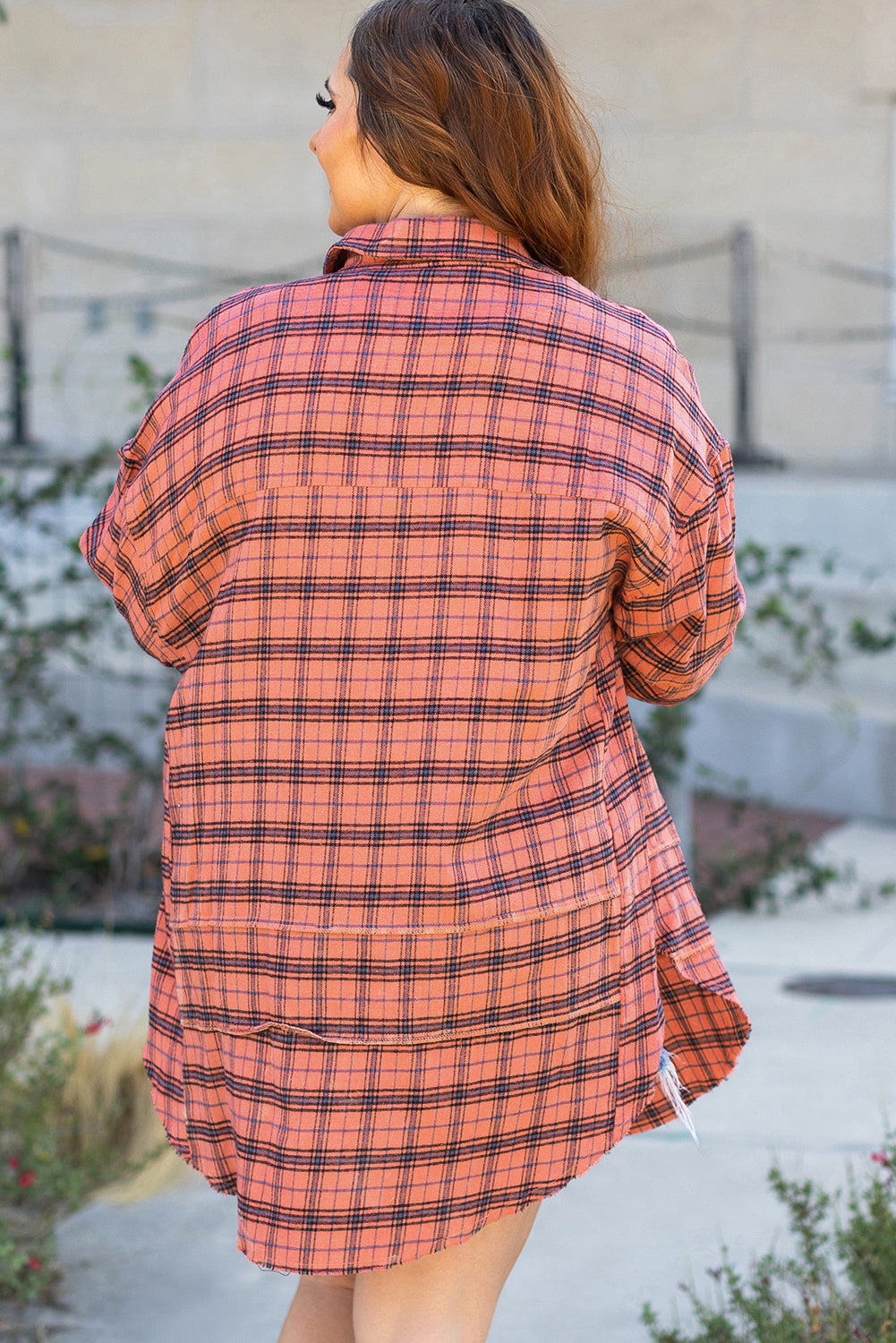 Red Plaid Long Sleeeve Side Split Distressed Hem Shirt eAura