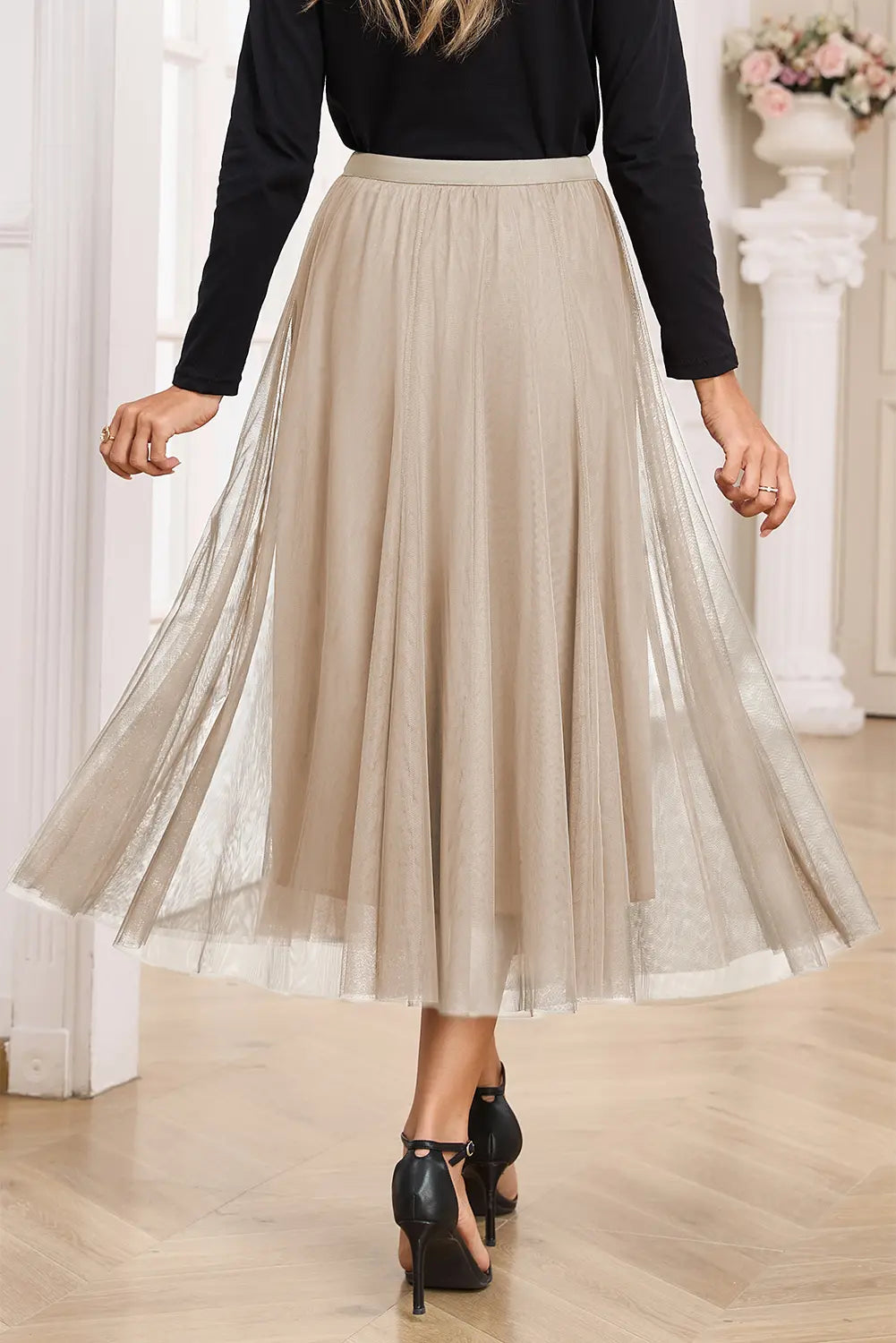 Tulle Mesh Overlay Flared Midi Skirt