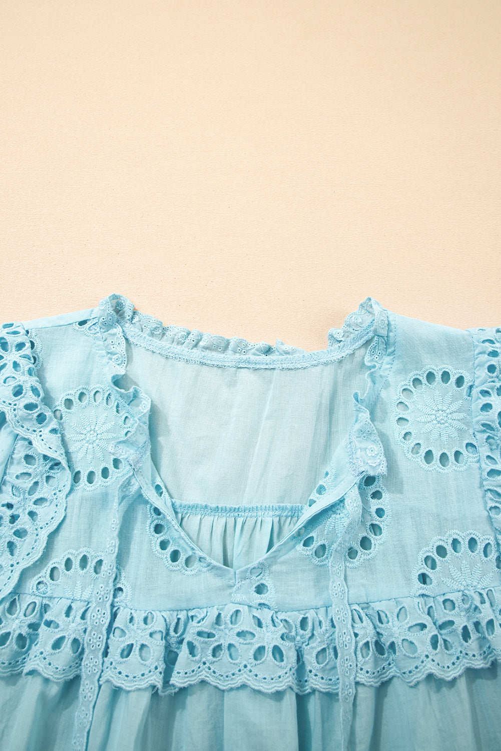 Blue Embroidered Lace Patchwork Tie Neck Puff Short Sleeve Blouse eAura