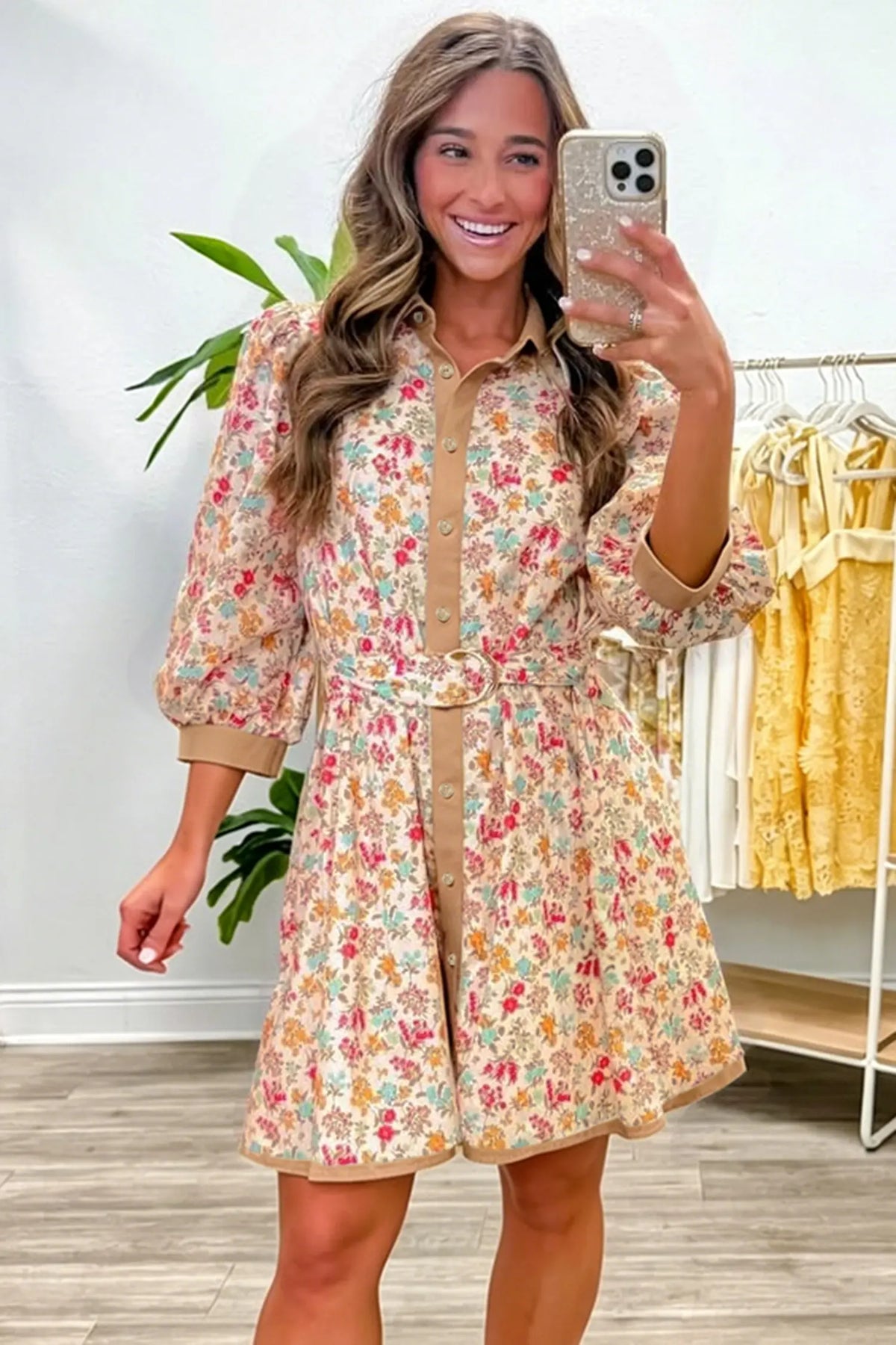 Floral Print Colour Block Trim Button Down 3/4 Sleeve Belted Mini Dress – Orange