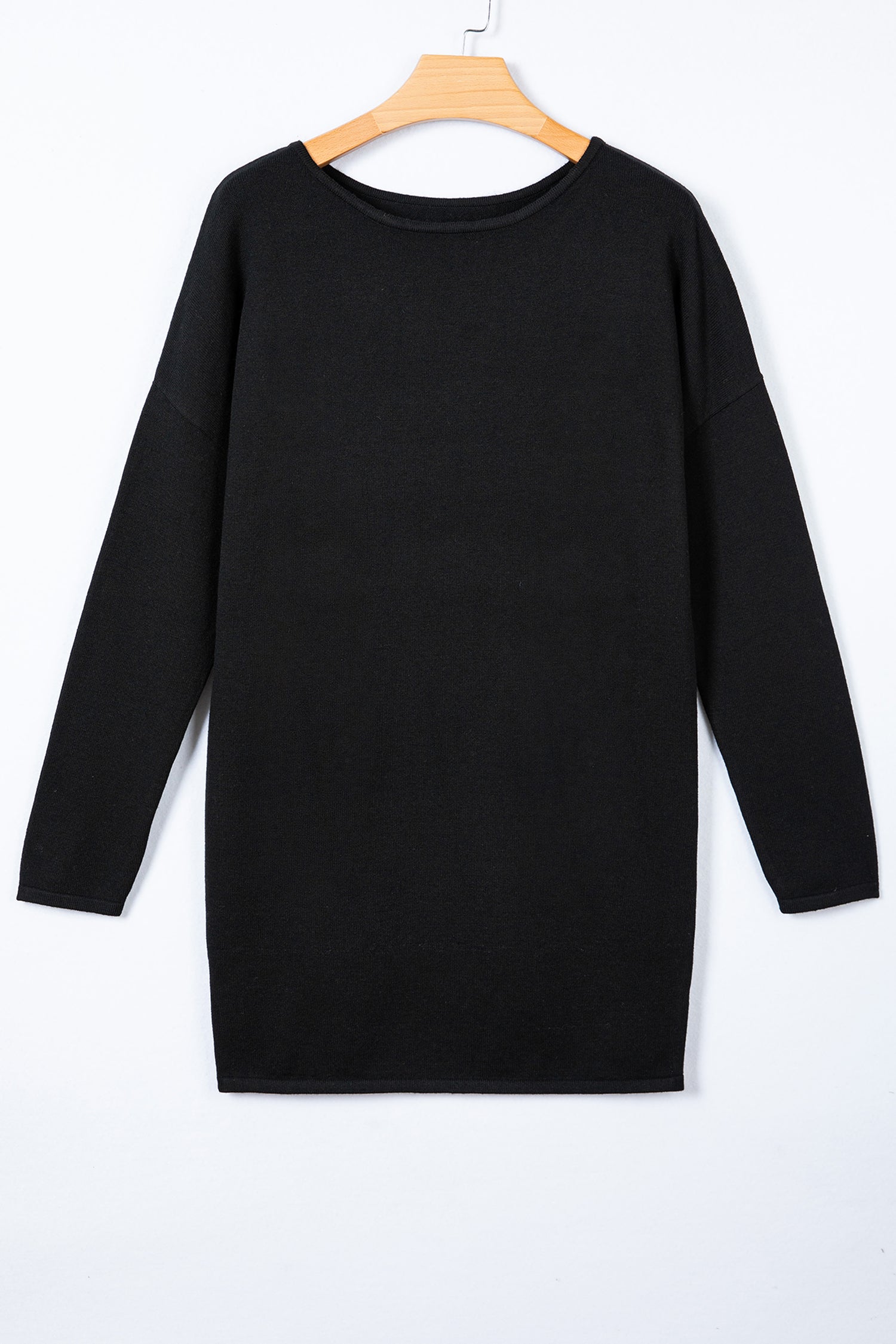 Black Asymmetric Neck Batwing Sleeve Shift Mini Sweater Dress - eAura