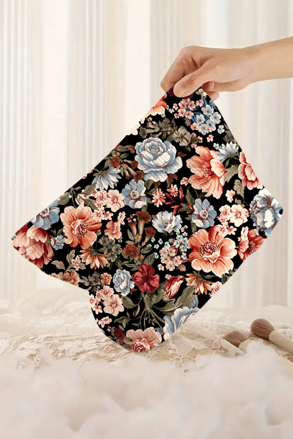 Flower Print Zipper Ribbed Ribbed Large Makeup Bag