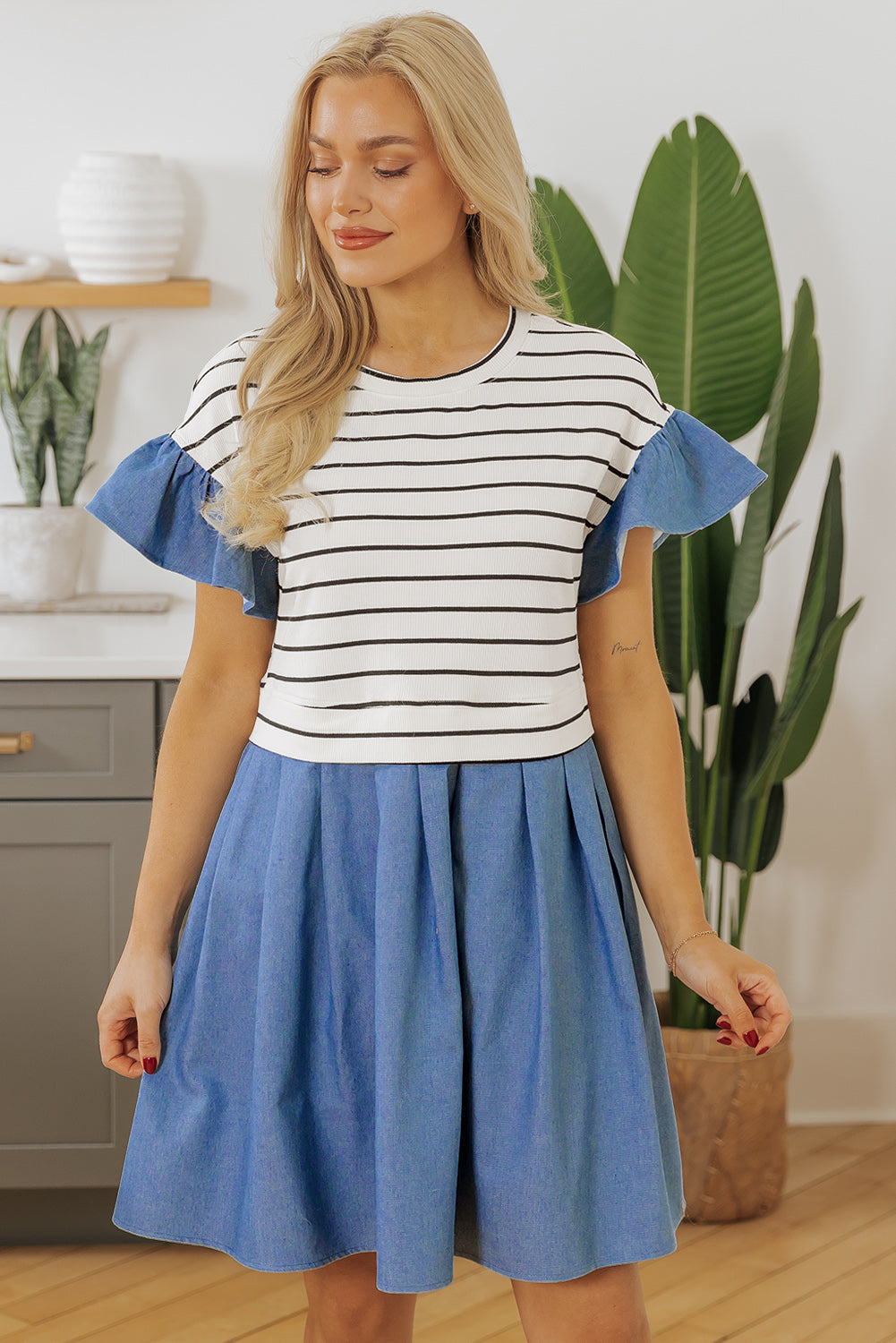 Black Stripe Ruffle Denim Patchwork Round Neck Mini Dress eAura