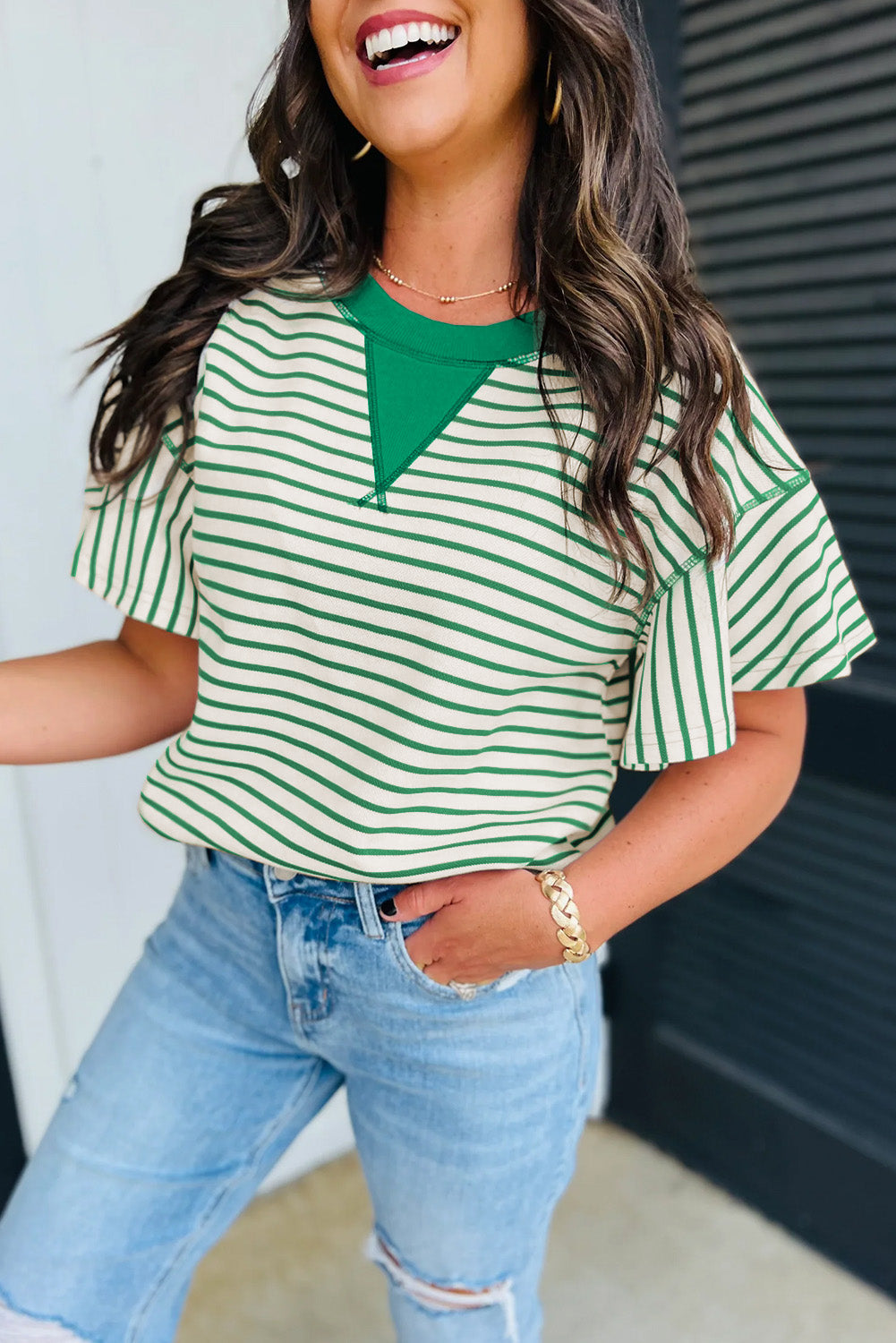 Contrast Detail Striped Ruffle Short Sleeve Top eAura