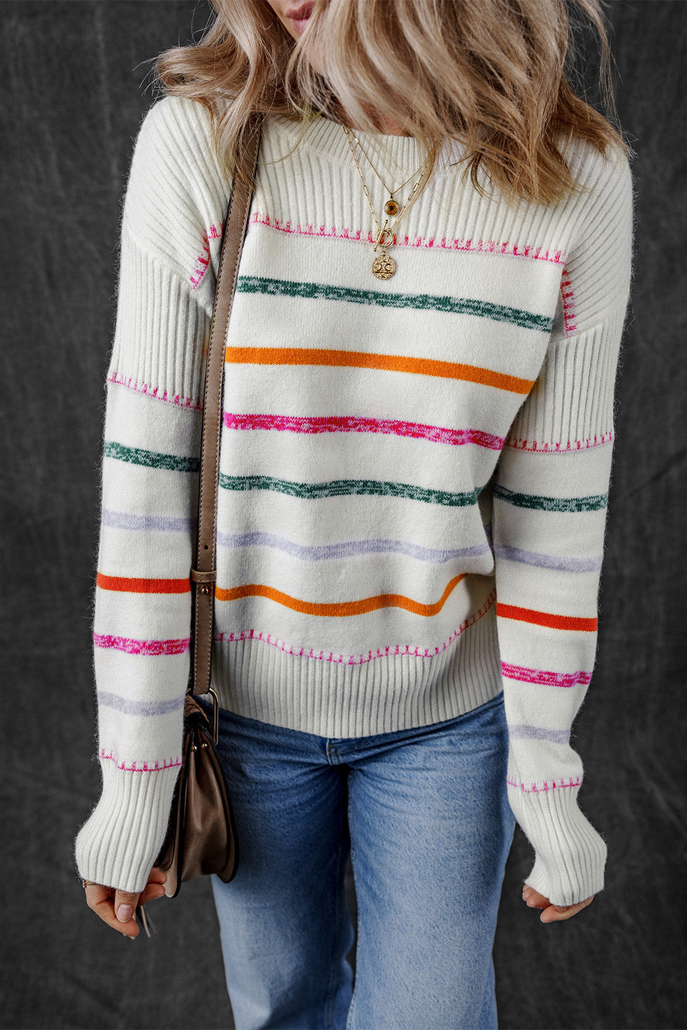White Colourful Striped Ribbed Trim Sweater eAura