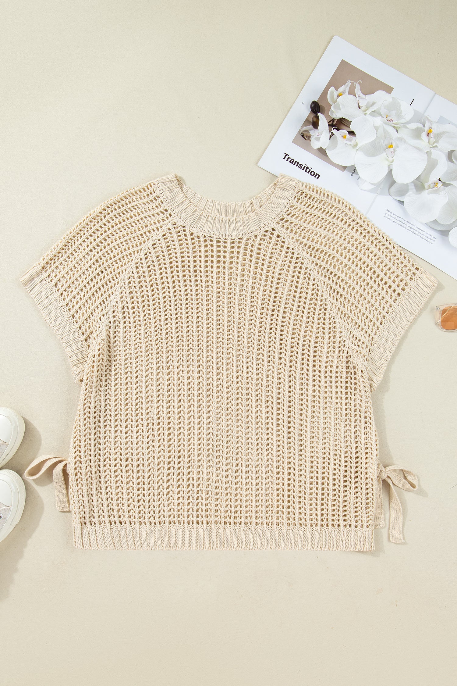 Plus Size Open Knit Bow Tie Short Sleeve Sweater - eAura