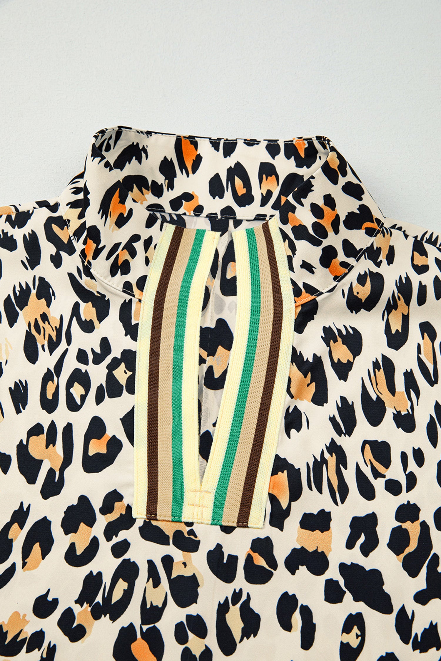 Leopard Contrast Striped V-Neck Loose Fit Blouse