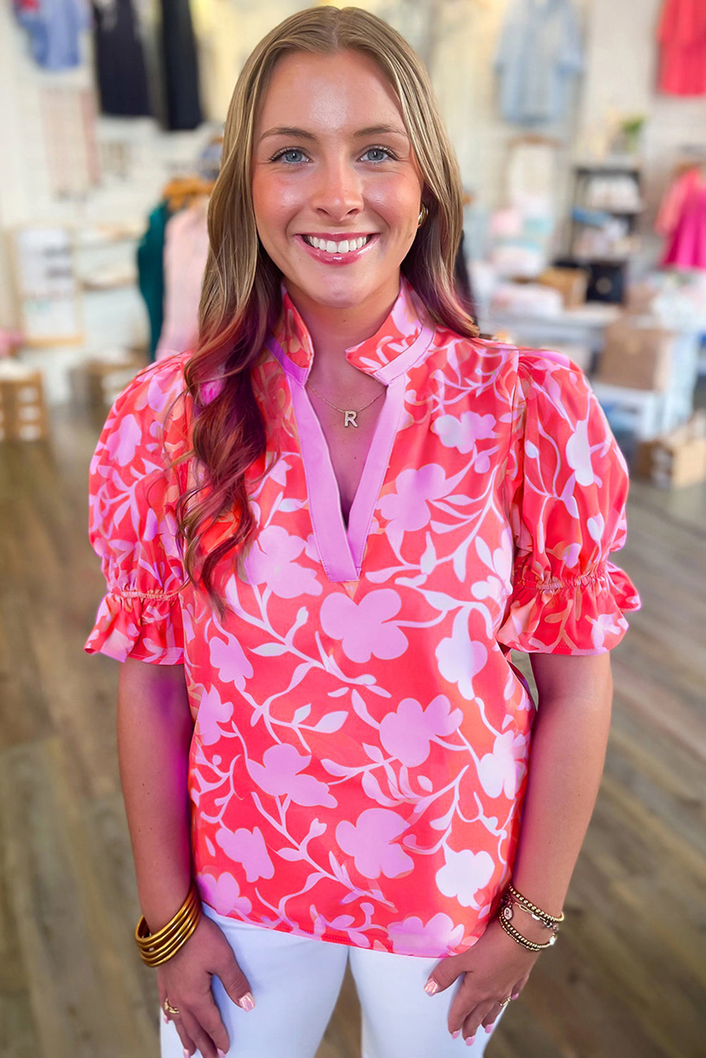 Red Floral Split V-Neck Ruffled Short Sleeve Blouse Top eAura