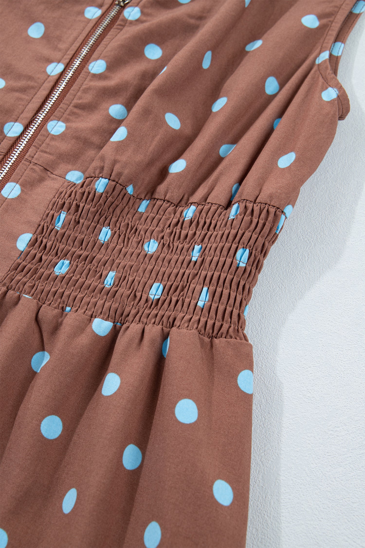 Polka Dot Print Contrast Trim V-Neck Zip Up Sleeveless Dress