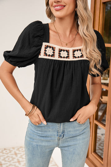 Black Crochet Square Neck Crinkled Blouse BBs
