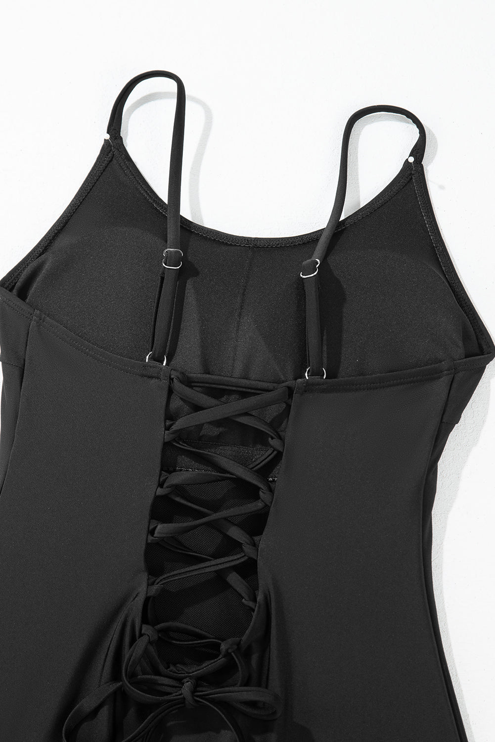 Black Thin Strap Strappy Lace-up Open Back One Piece Swimsuit eAura
