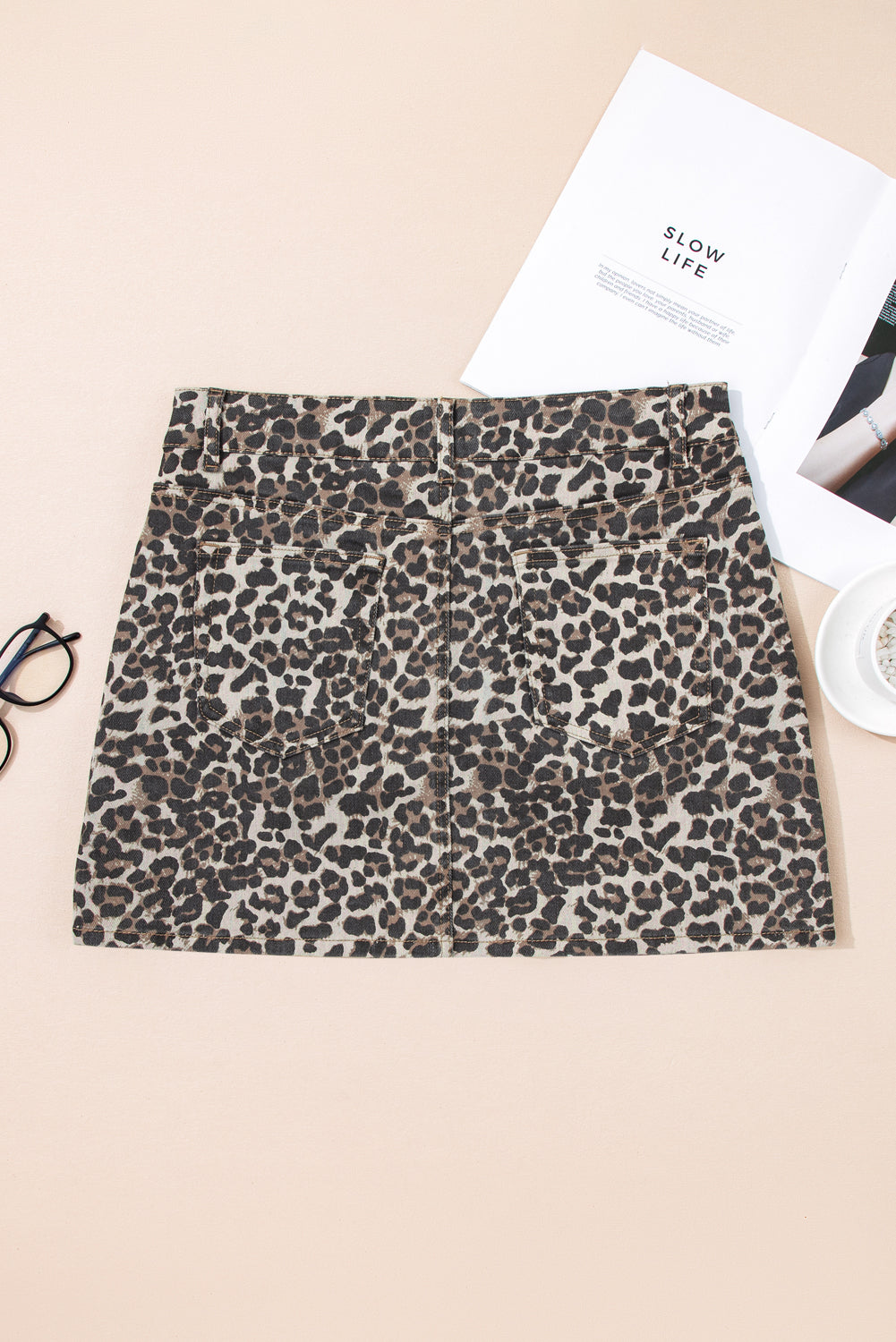 Khaki Leopard Denim Mini Skirt eAura