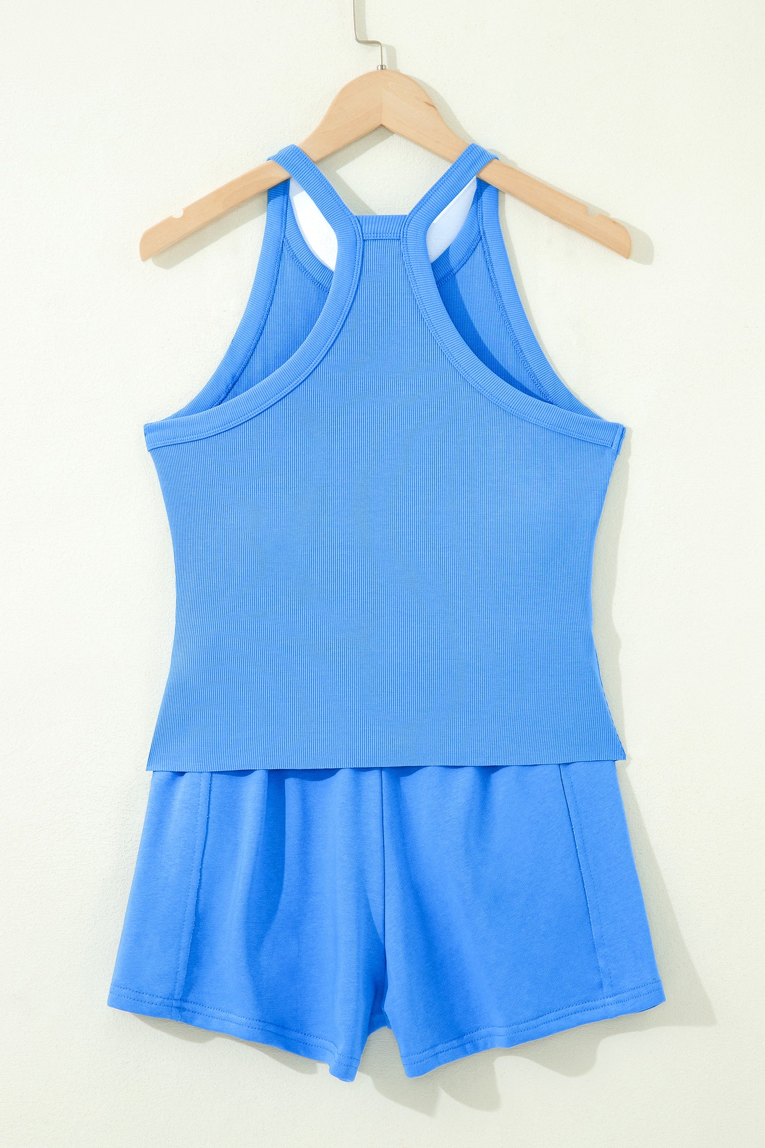 Sky Blue Slim Tank Top Elastic High Waist Shorts 2pcs Outfit – Light Blue