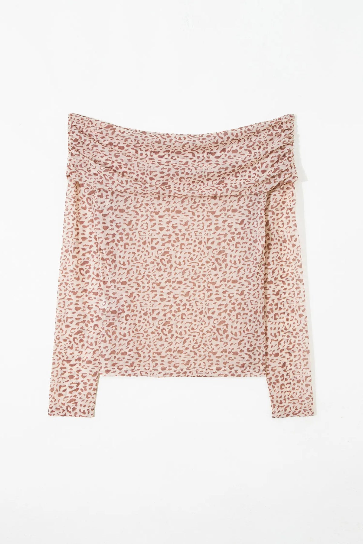 Leopard Print Foldover Off Shoulder Long Sleeve Mesh Top – Brown