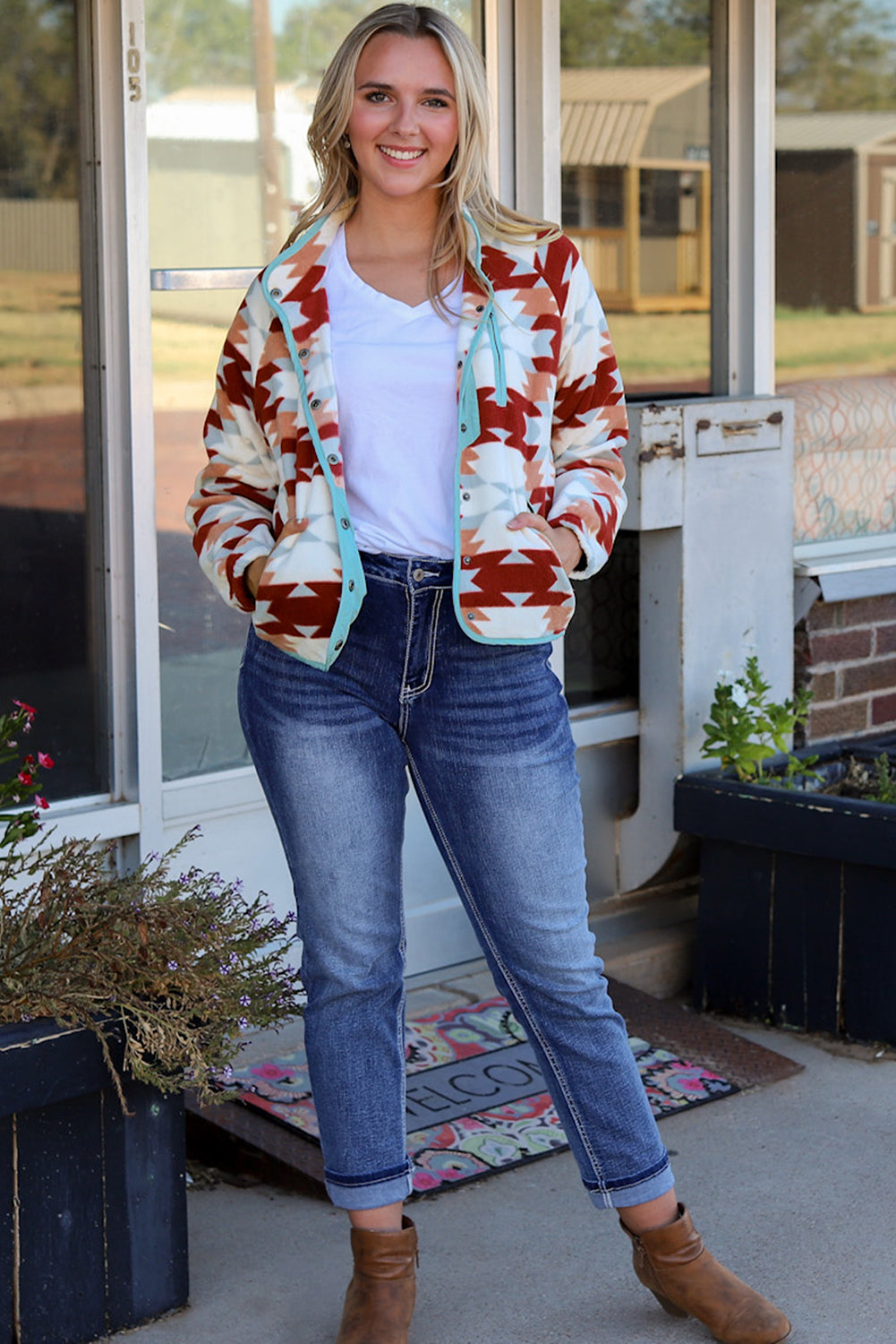 Fiery Red Western Aztec Buttoned Zipper Pockets Fleece Jacket eAura