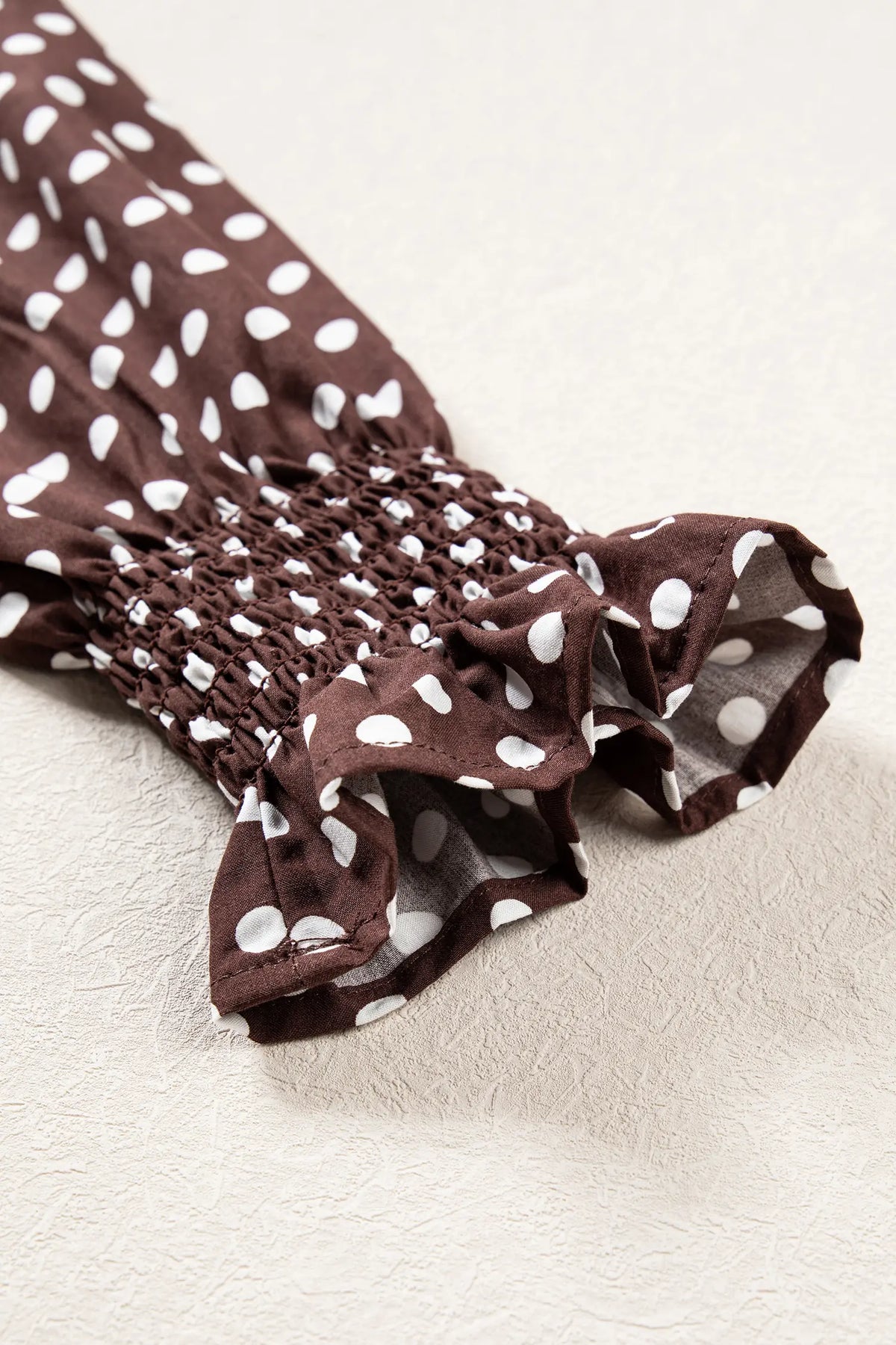 Polka Dot Ruffled High Neck Shirred Ruffle Hem Blouse – Brown