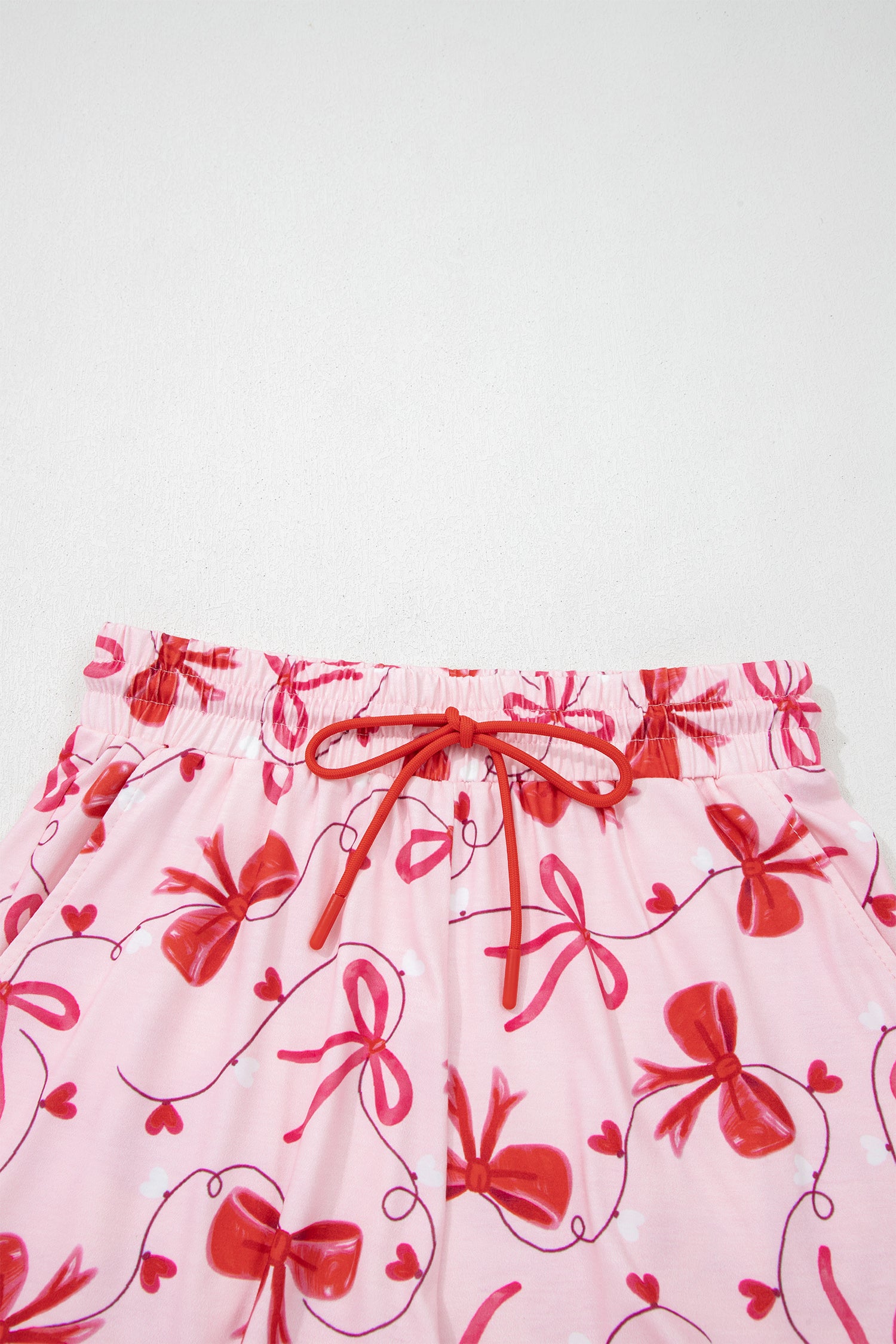 Romantic Bow Print Loose Tee Drawstring Shorts 2pcs Lounge Set – Red