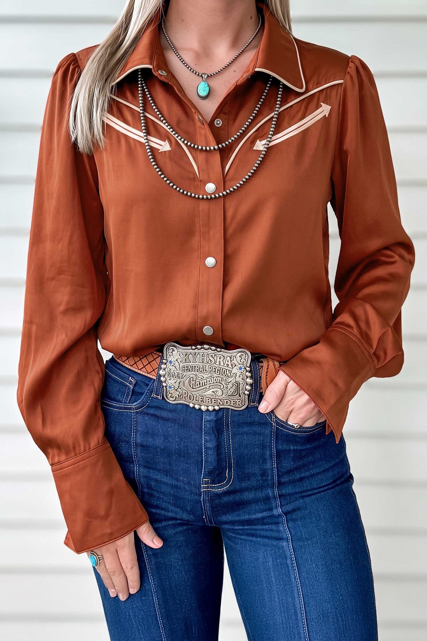 Silky Long Sleeve Button Front Western Fashion Shirt – Cinnamon