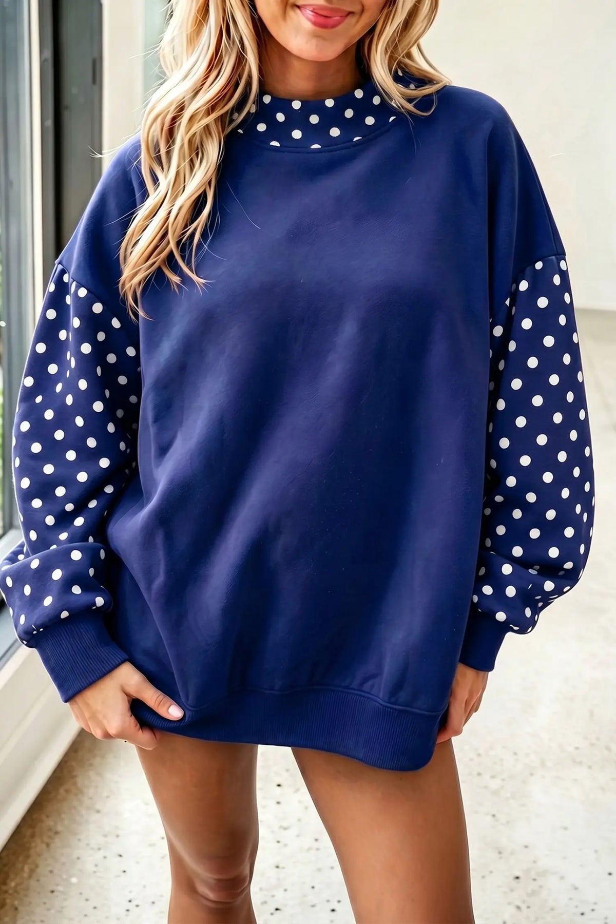 Baggy Sweatshirt Polka Dot Contrast Long Sleeve