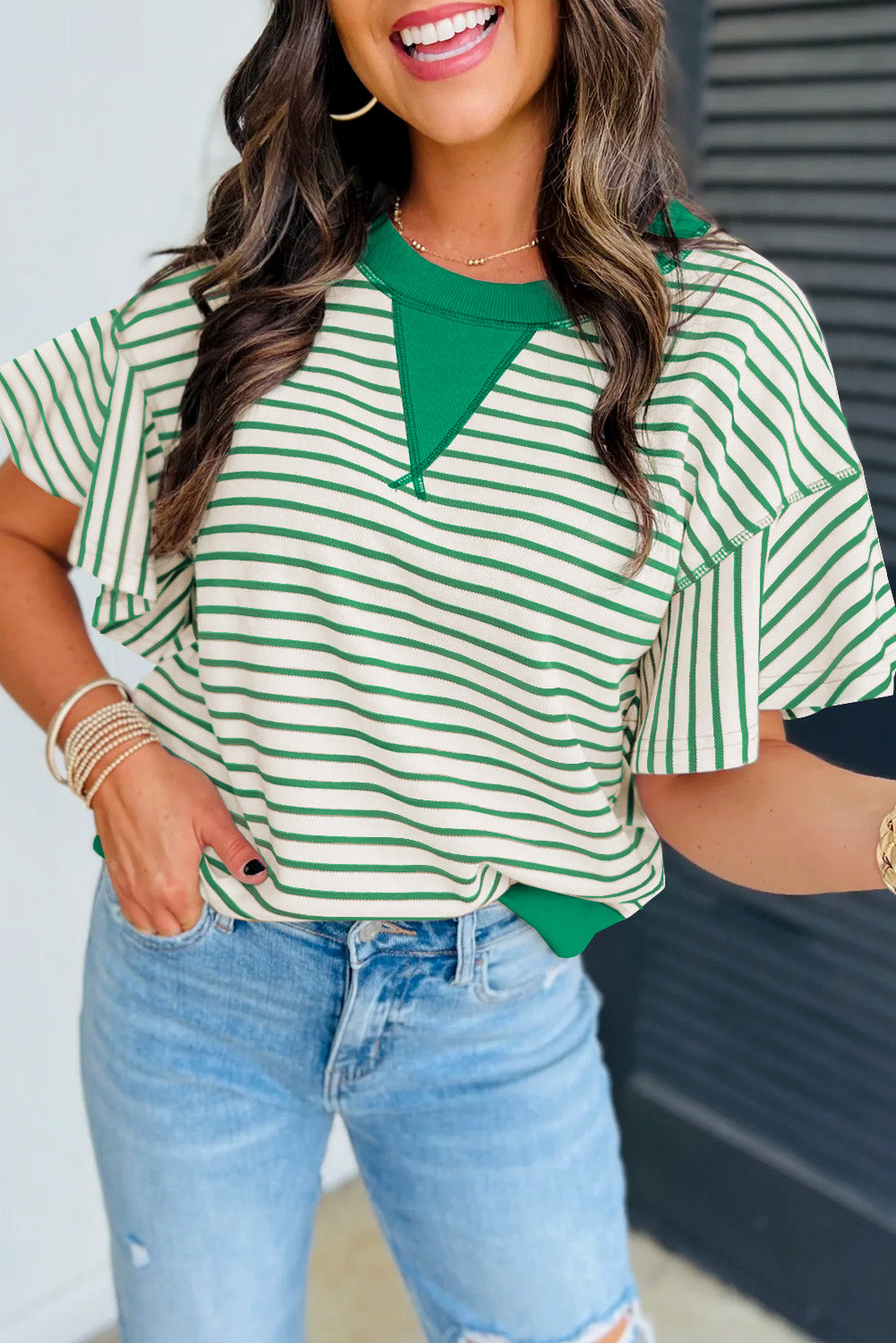 Contrast Detail Striped Ruffle Short Sleeve Top eAura
