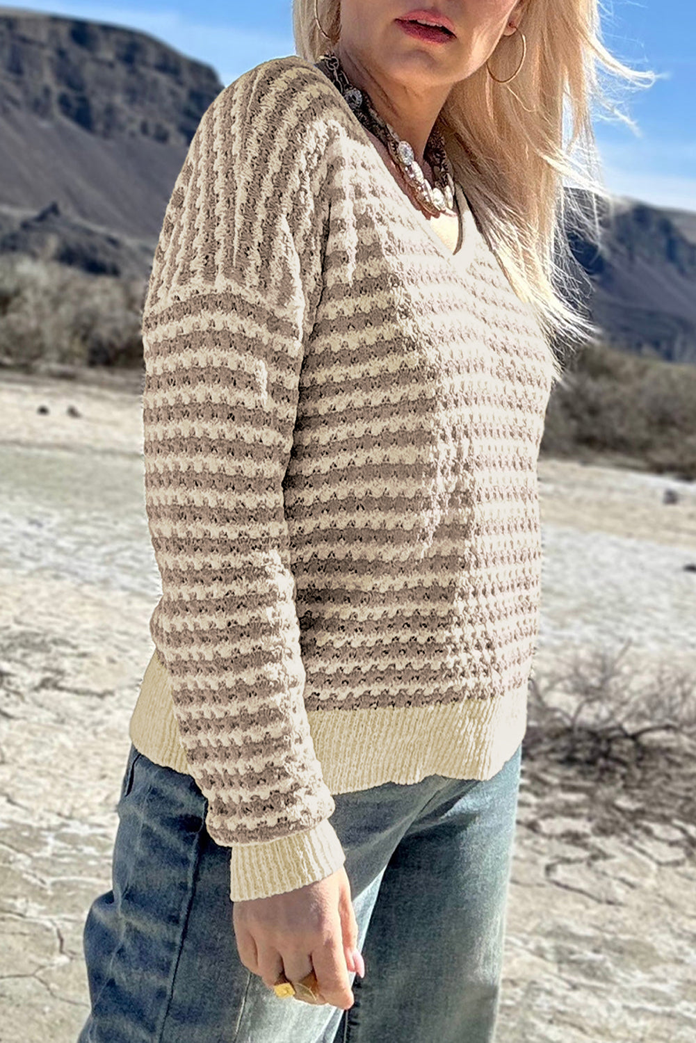 Stripe Plus Size V-Neck Drop Shoulder Sweater - eAura