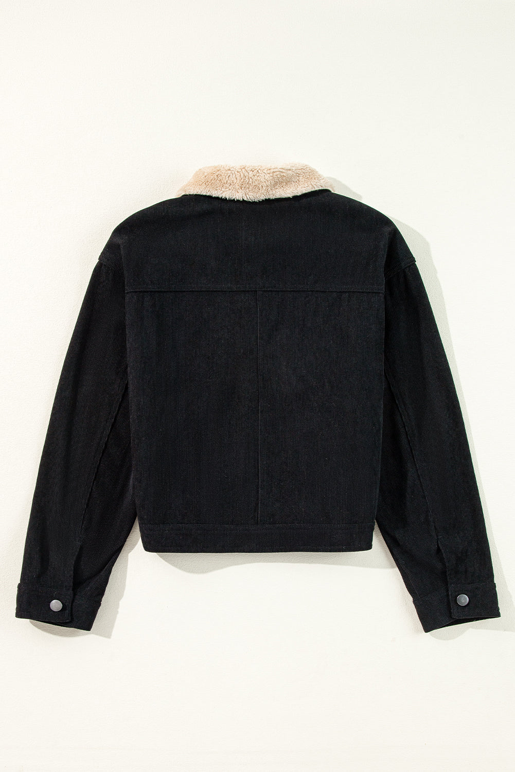 Black Fleece Lined Button-up Collared Corduroy Crop Jacket eAura