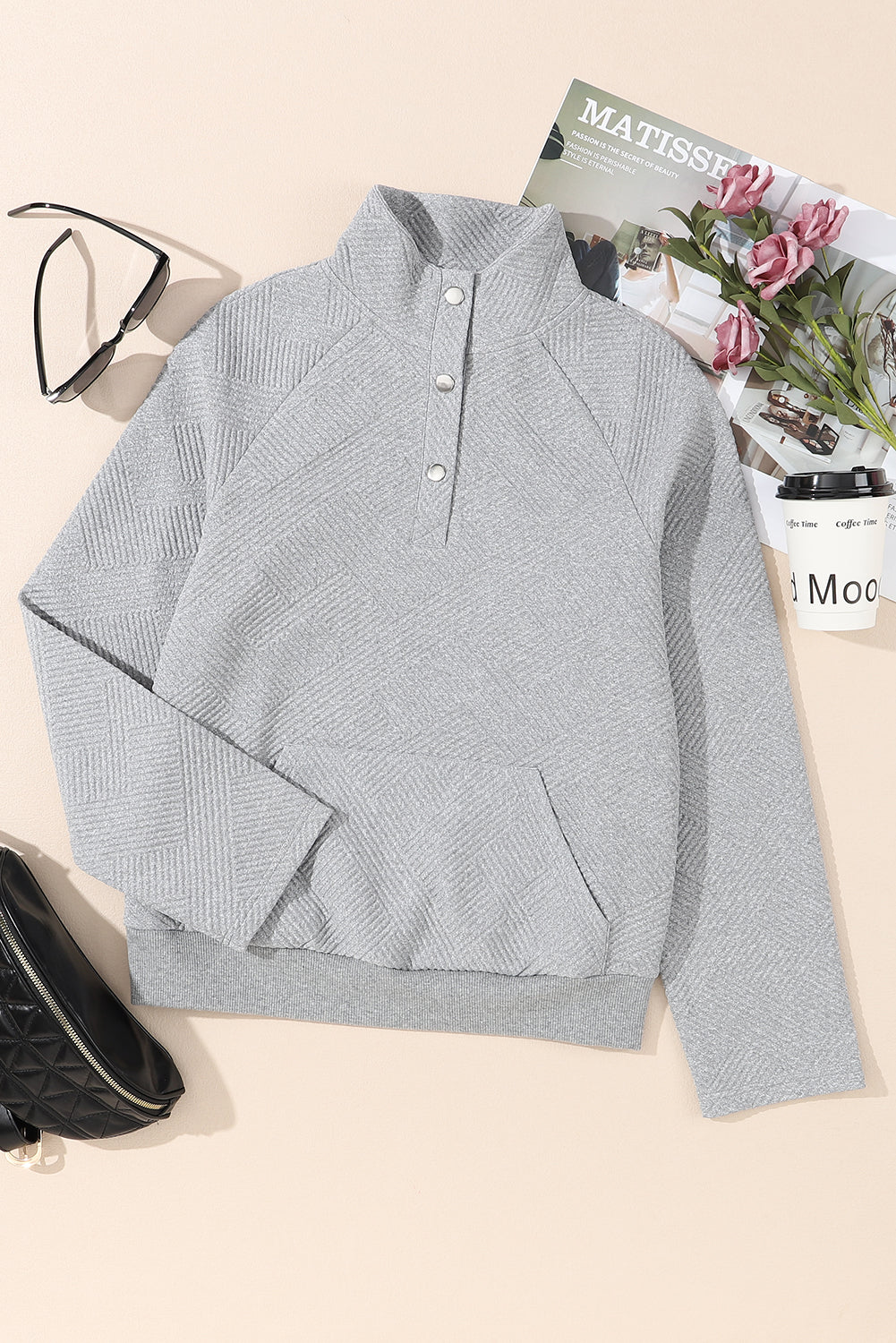 Laurel Green Textured Knit Buttoned Kangaroo Pocket Sweatshirt eAura