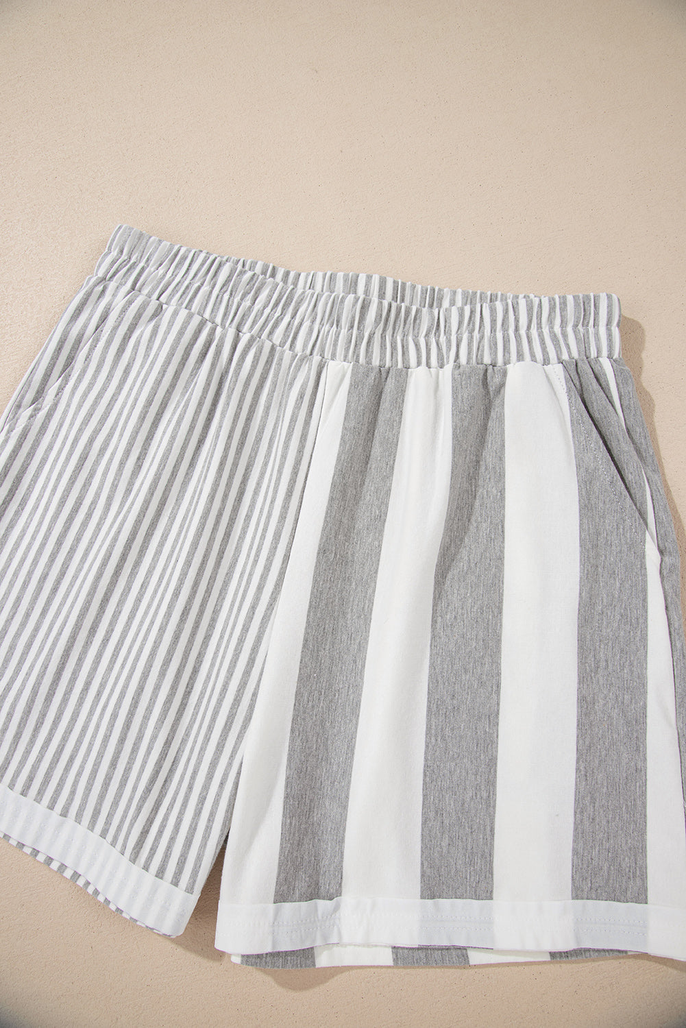 Grey Stripe Mixed Print Short Sleeve Top and Pocketed Shorts Set eAura
