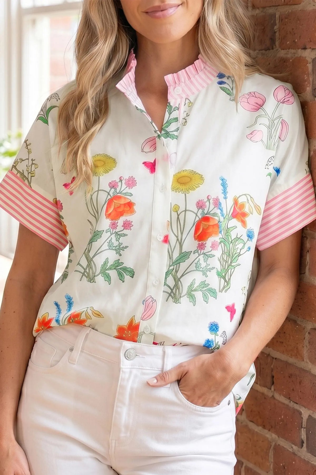 Floral Striped Patchwork Ruffled Collar Short Sleeve Shirt – Beige