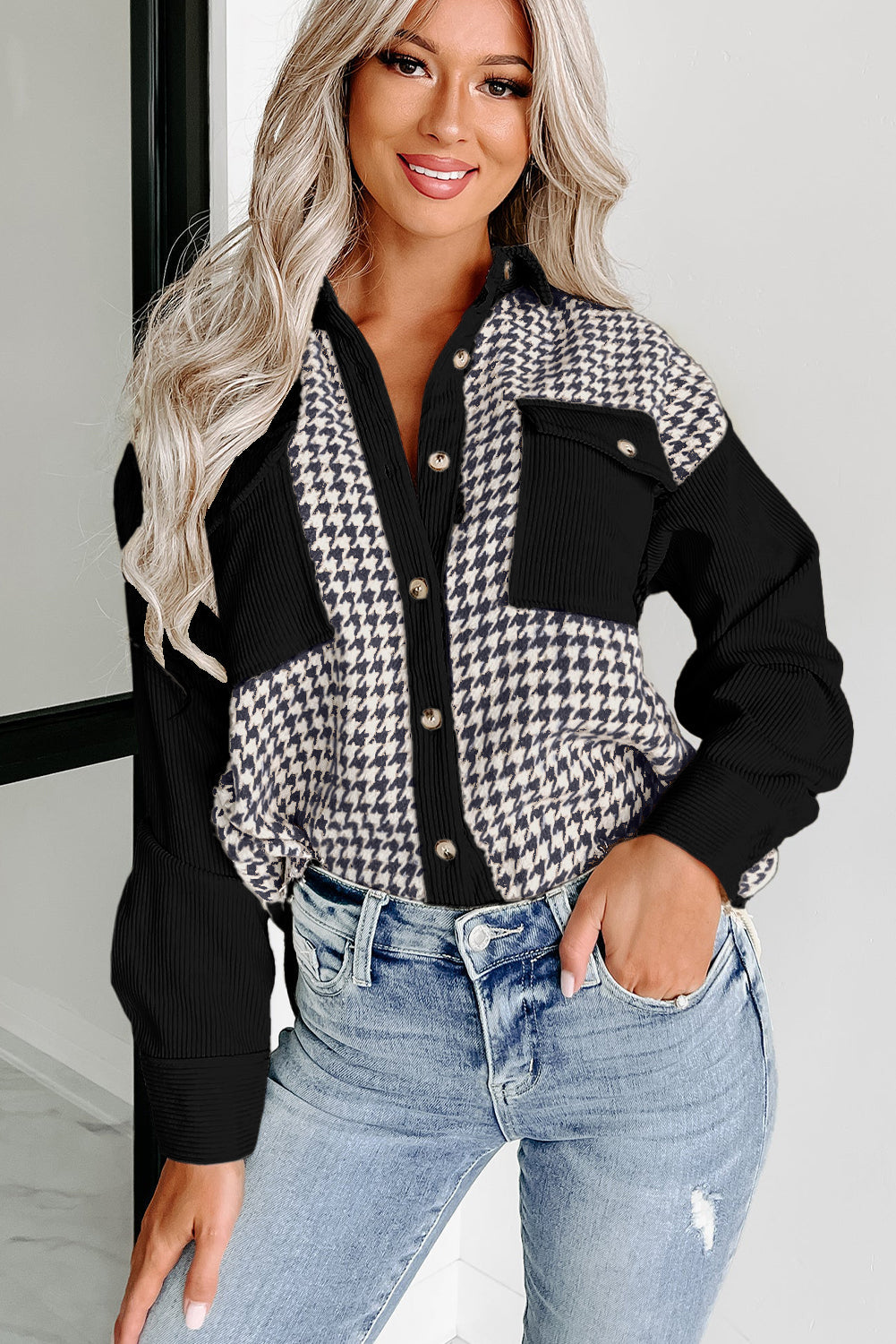 Black Houndstooth Corduroy Patchwork Flap Pocket Shacket eAura