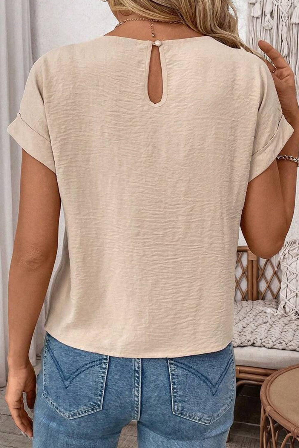 Parchment Solid Colour Knotted Hem Short Sleeve Blouse eAura