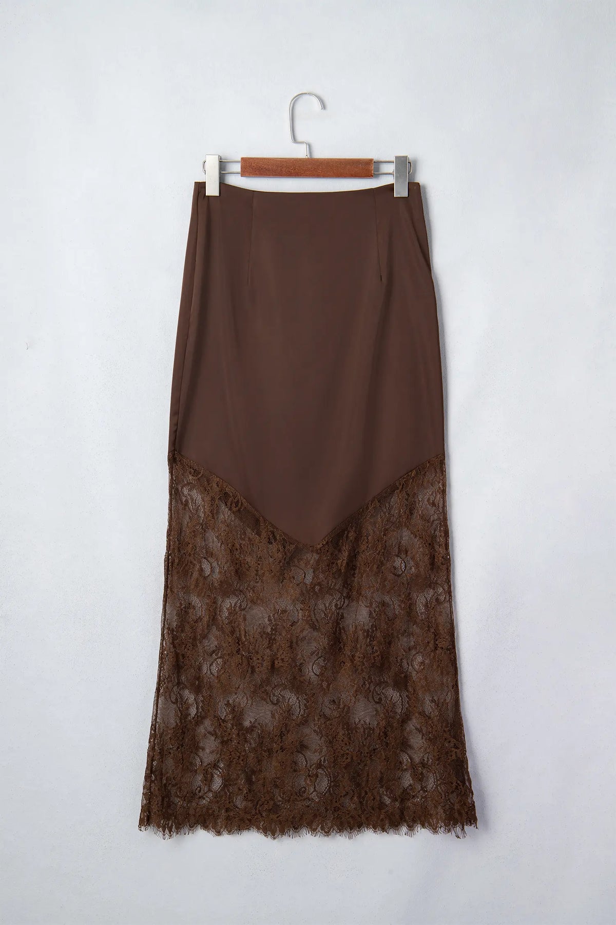 Lace Patchwork Hem Long Casual Shift Skirt – Dark Brown