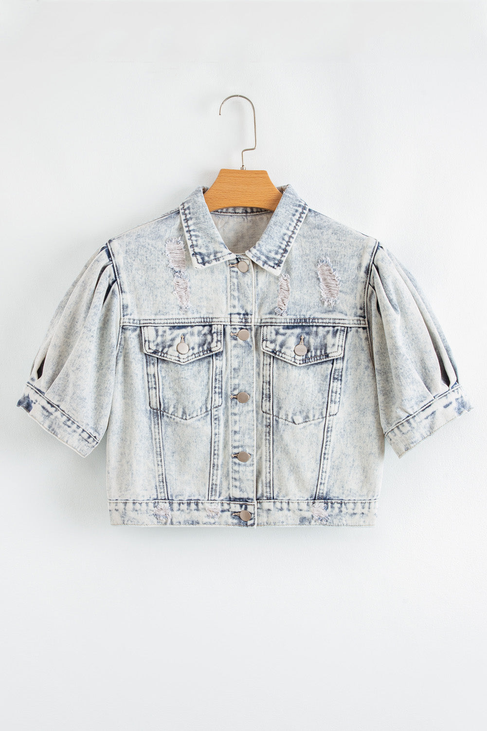 Beau Blue Light Wash Buttoned Chest Pocket Puff Sleeve Denim Jacket eAura