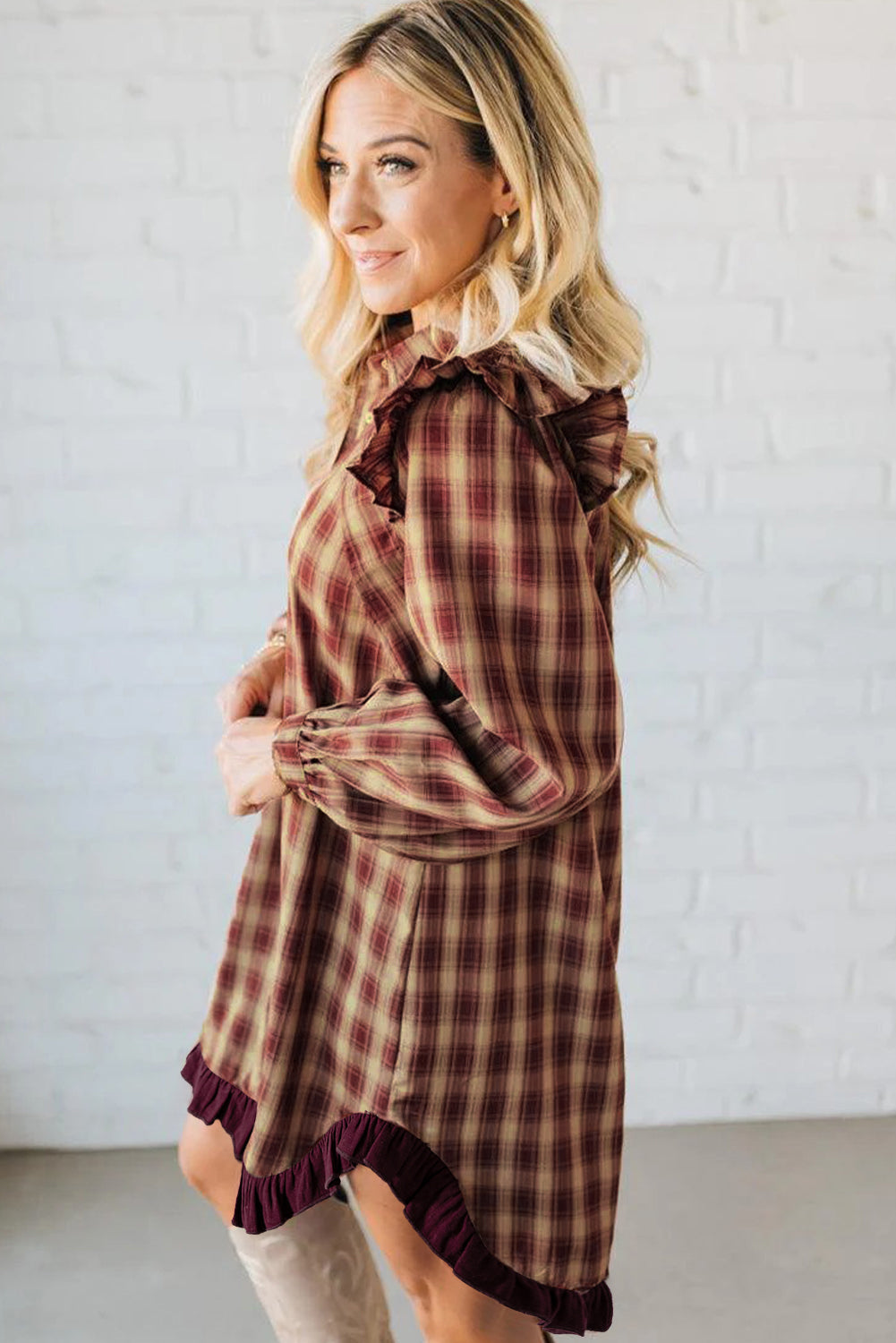 Plaid Print Ruffled Long Sleeve Hem Mini Shirt Dress - eAura