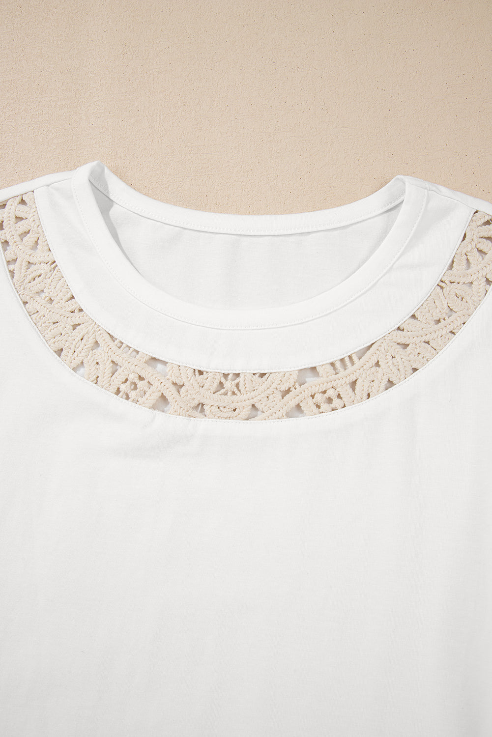 White Lace Crochet Crew Neck Casual T Shirt - eAura