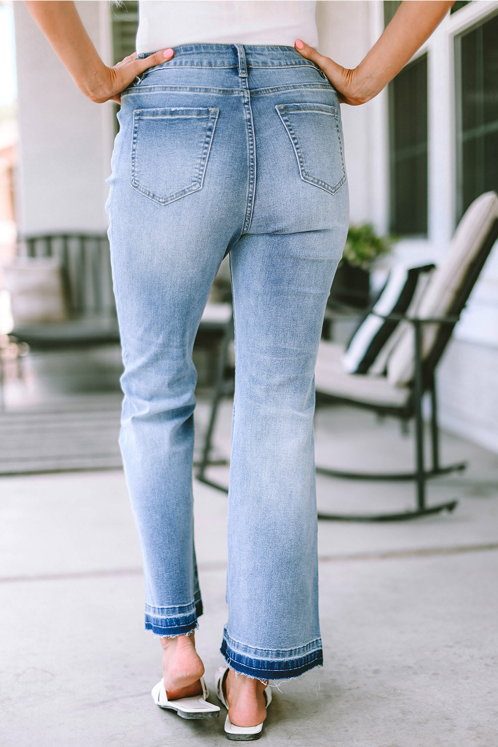 Sky Blue High Waist Buttoned Distressed Flared Jeans Beagle Boutique Fashion Outlet