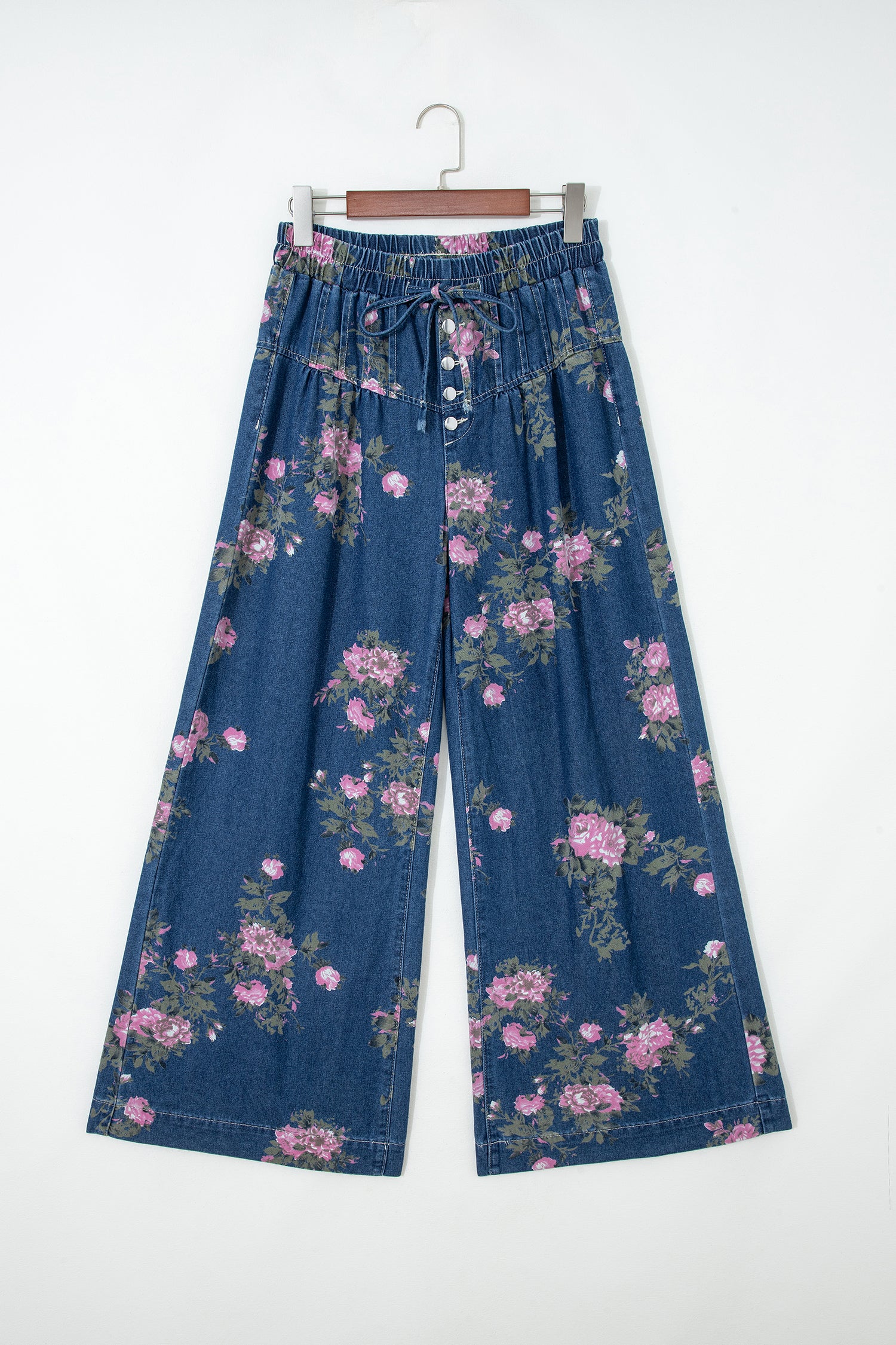 Floral Print Elastic Waist Pintuck Wide Leg Jeans