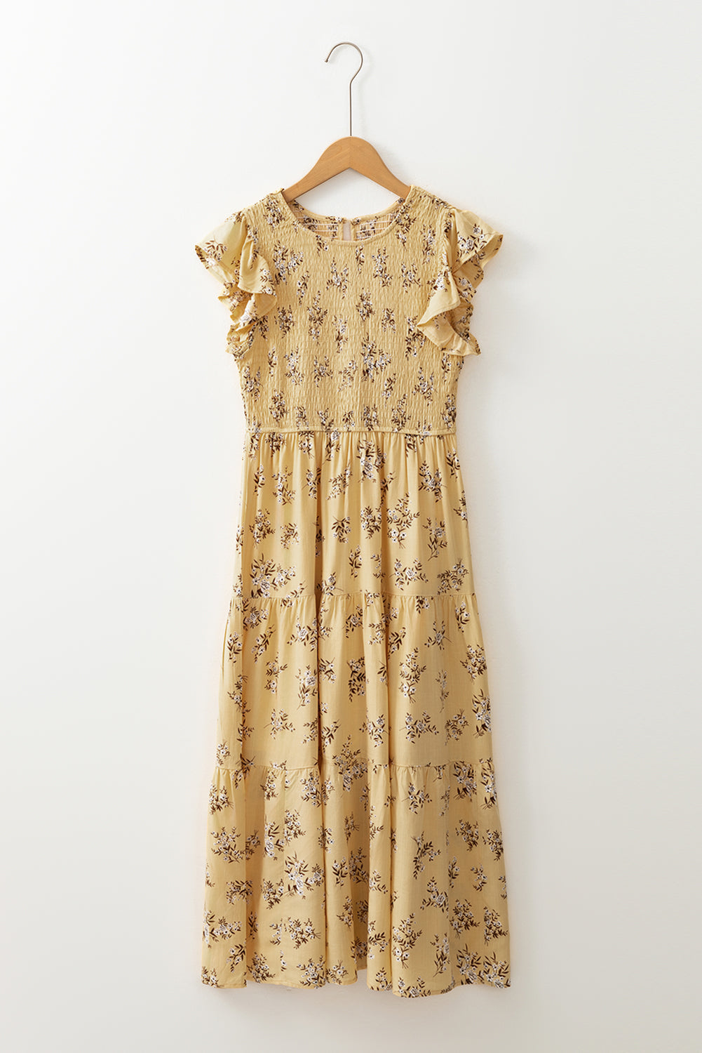 Yellow Boho Floral Print Ruffle Smocked Flowy Summer Dress eAura