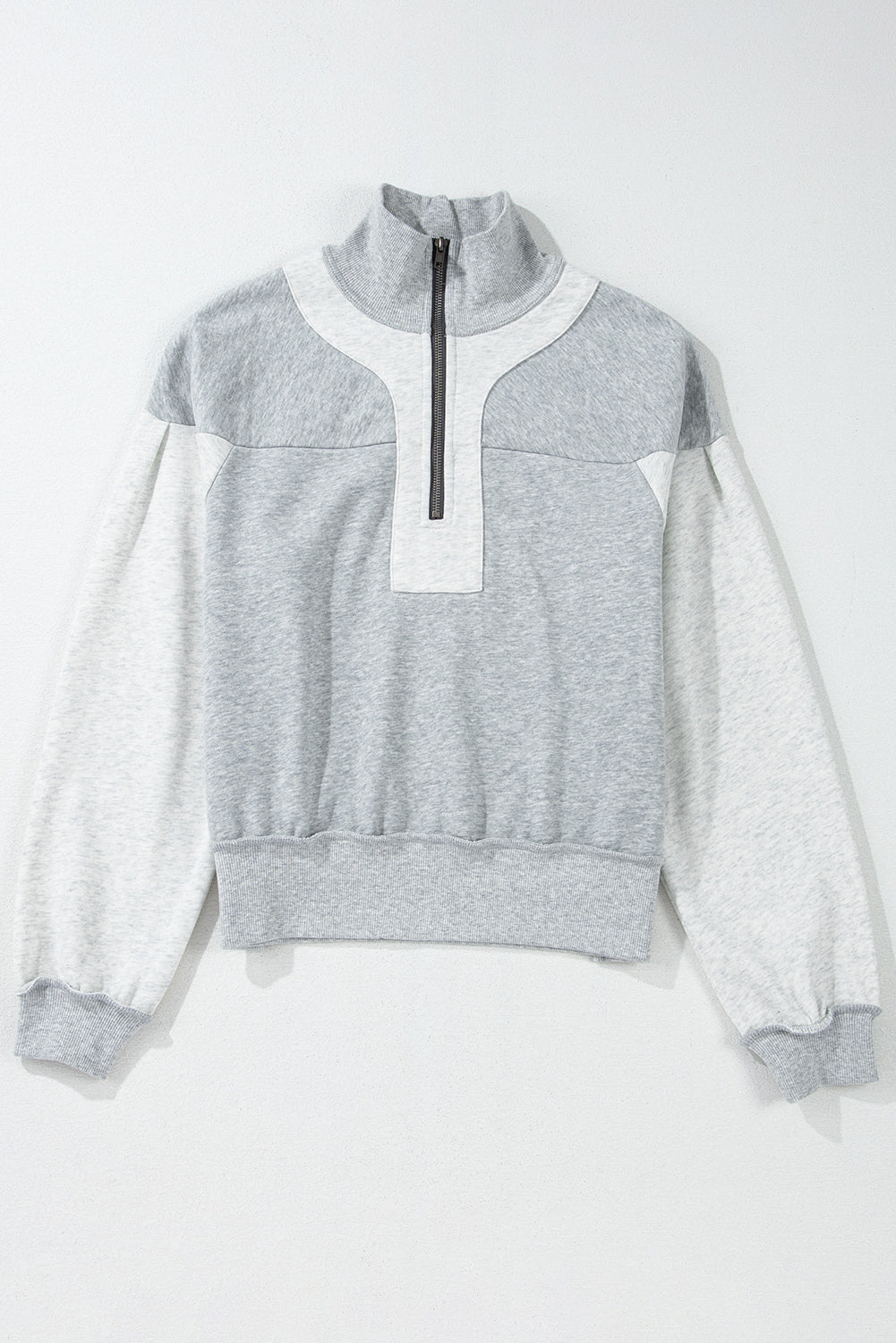 Grey Half Zipper Collared Drop Shoulder Side Slits Sweatshirt eAura