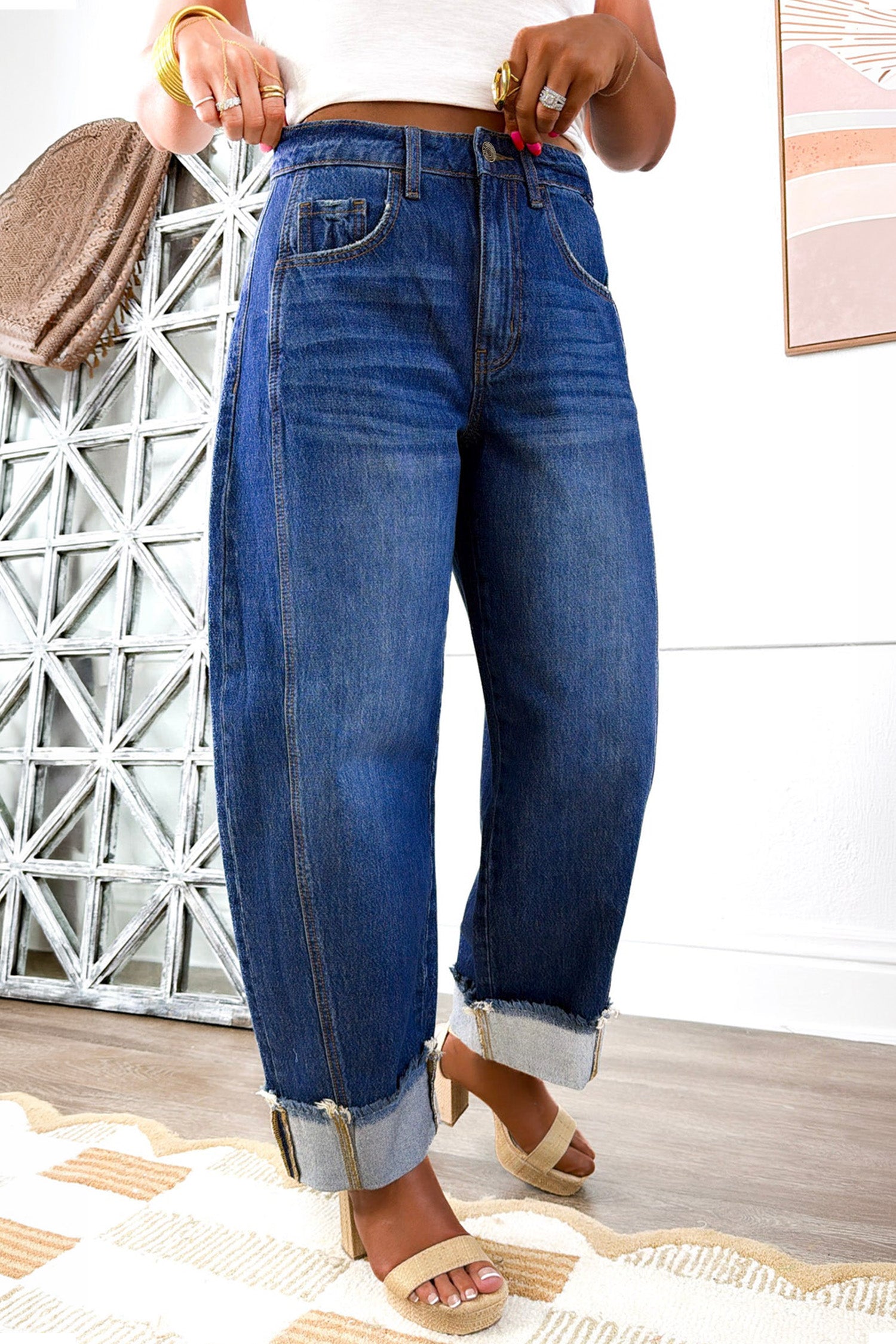 Raw Hem Turnup Loose Ankle-length Jeans – Sail Blue