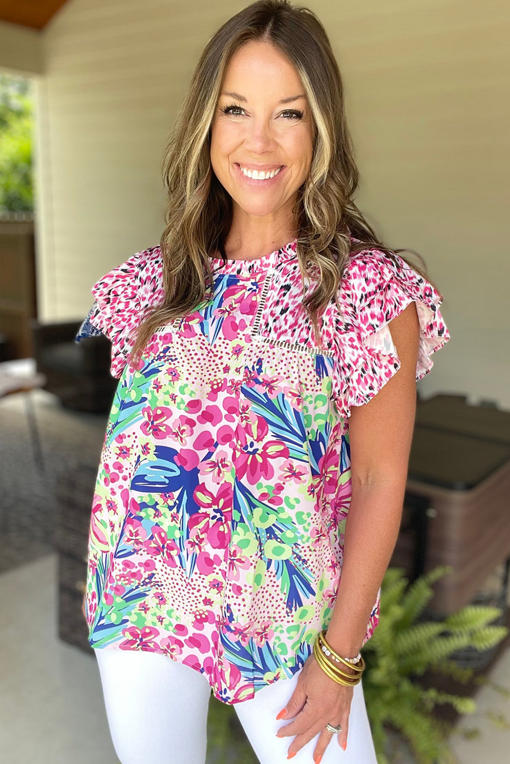 Pink Floral Mixed Print Ruffle Cap Sleeve Blouse eAura