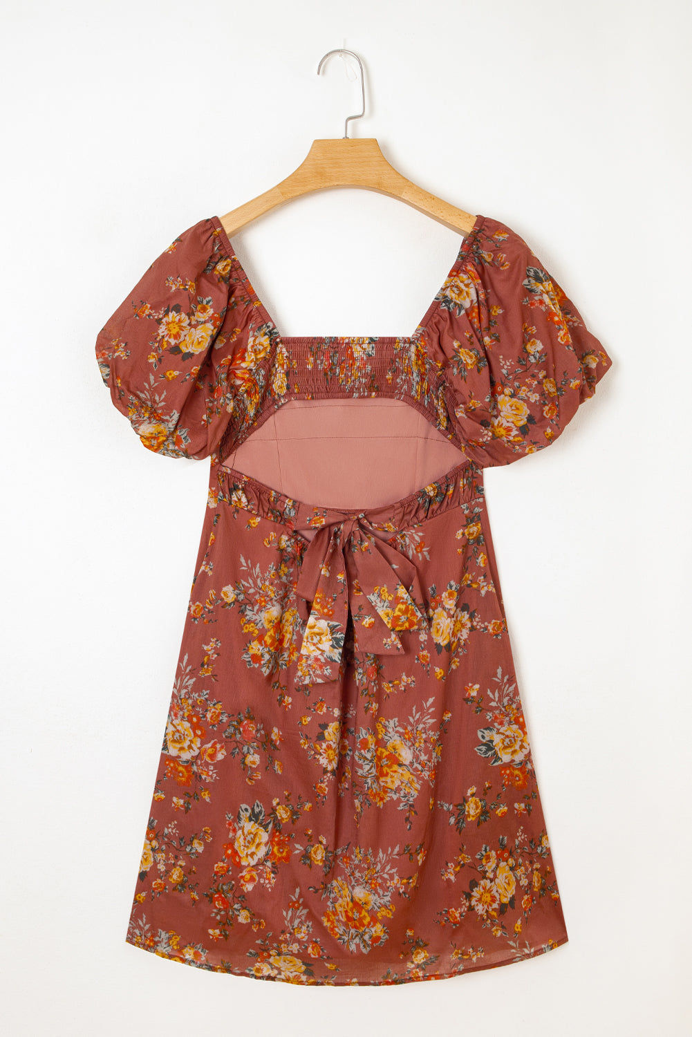 Floral Puff Sleeve Square Neck Knot Open Back Mini Dress eAura