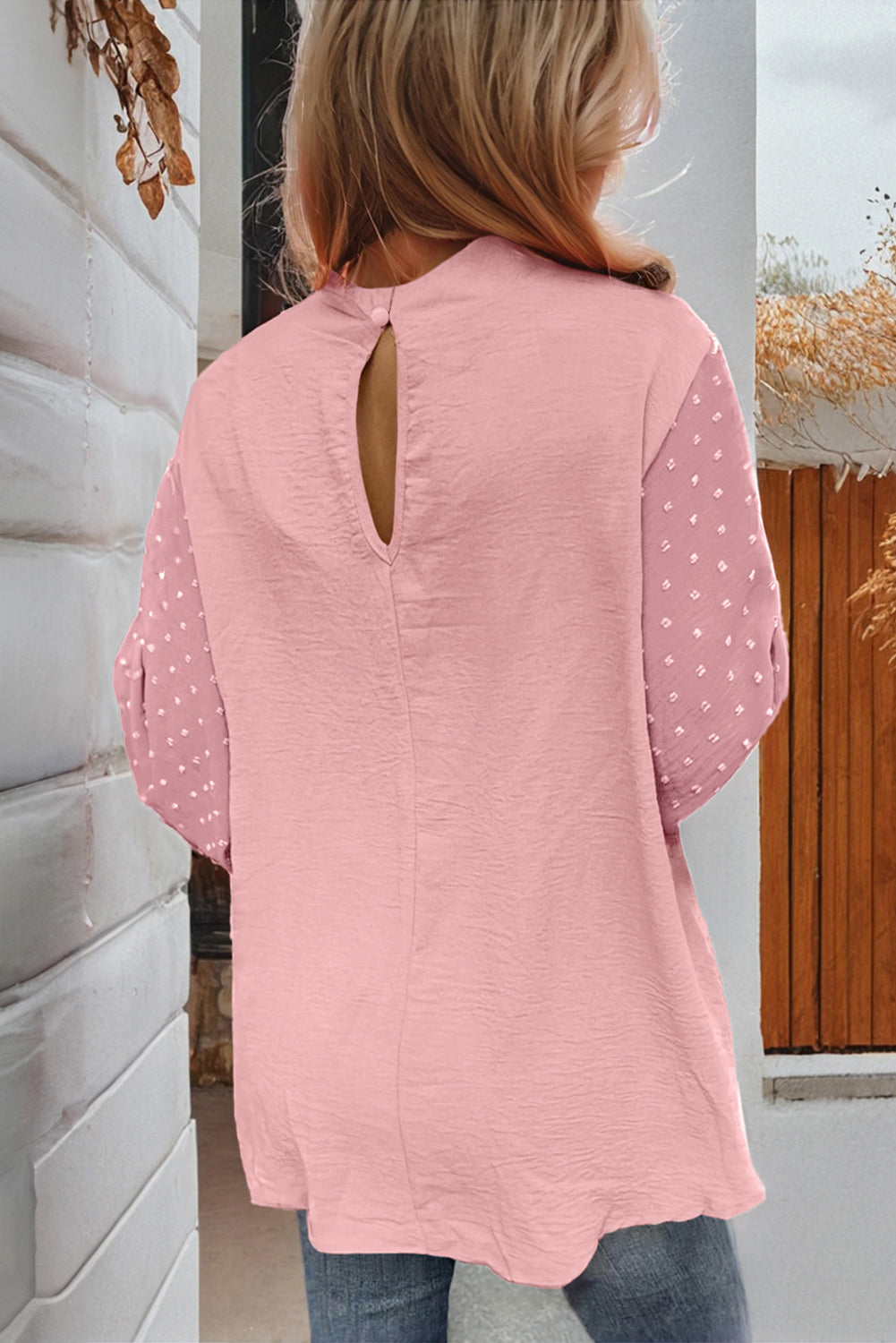 Gossamer Pink Swiss Dot Balloon Sleeve Loose Blouse eAura