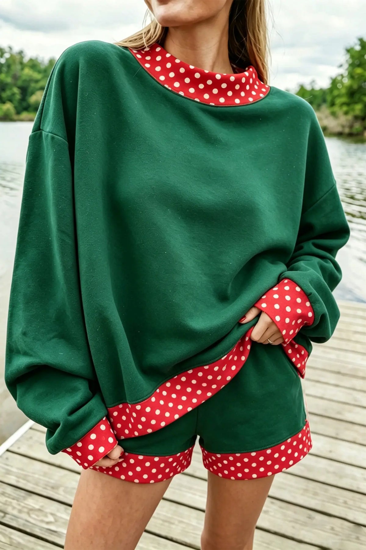 Gingham Trim Baggy Pullover 2pcs Short Set – Fiery Red