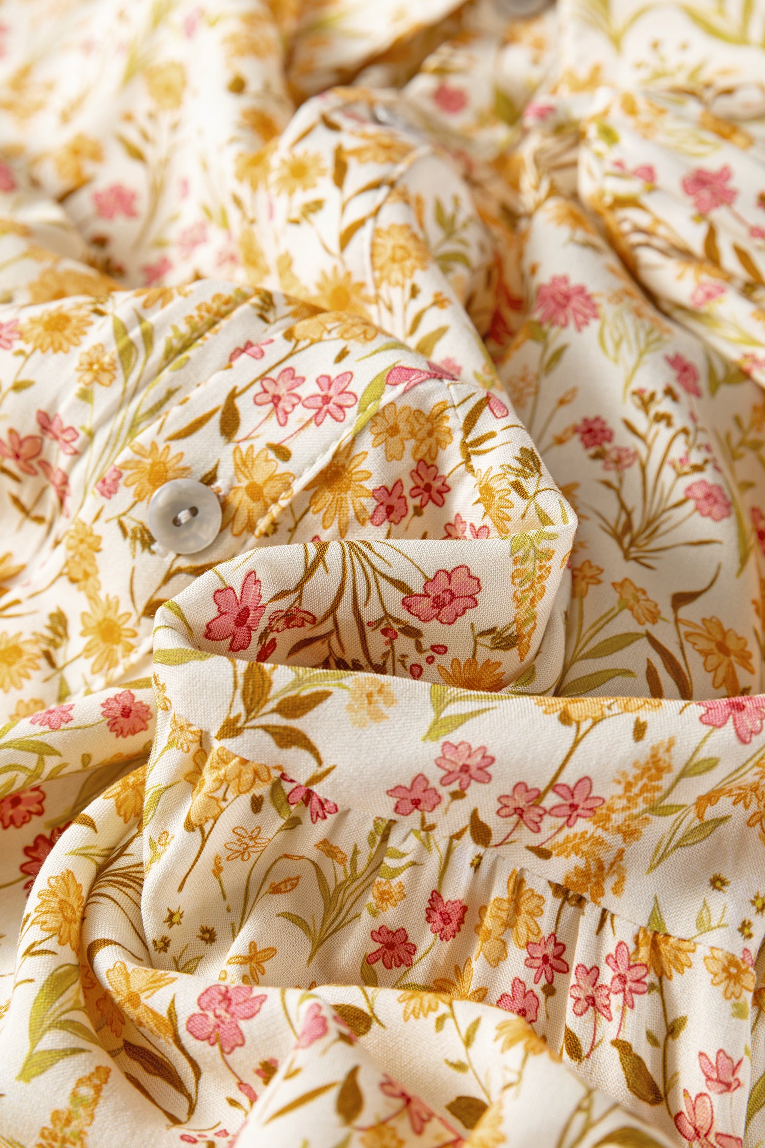 Yellow Floral Print Frilly Trim Smocked Cuff Long Sleeve Oversized Shirt Dress