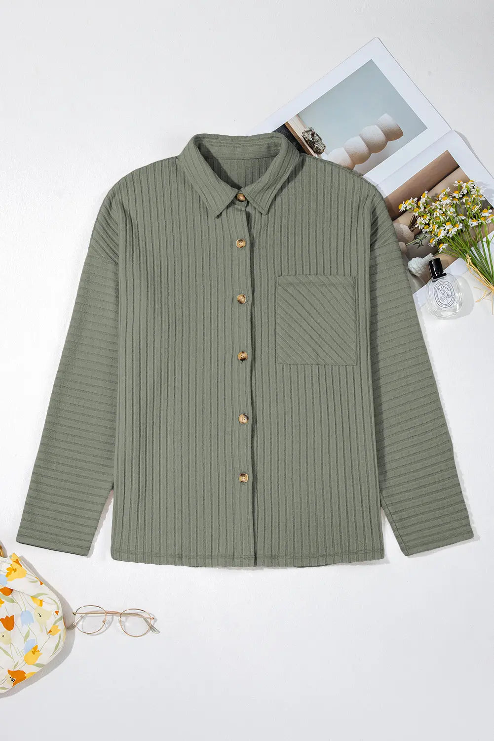 Green Thermal Ribbed Texture Drop Shoulder Button Up Shacket - Outerwear/Jackets